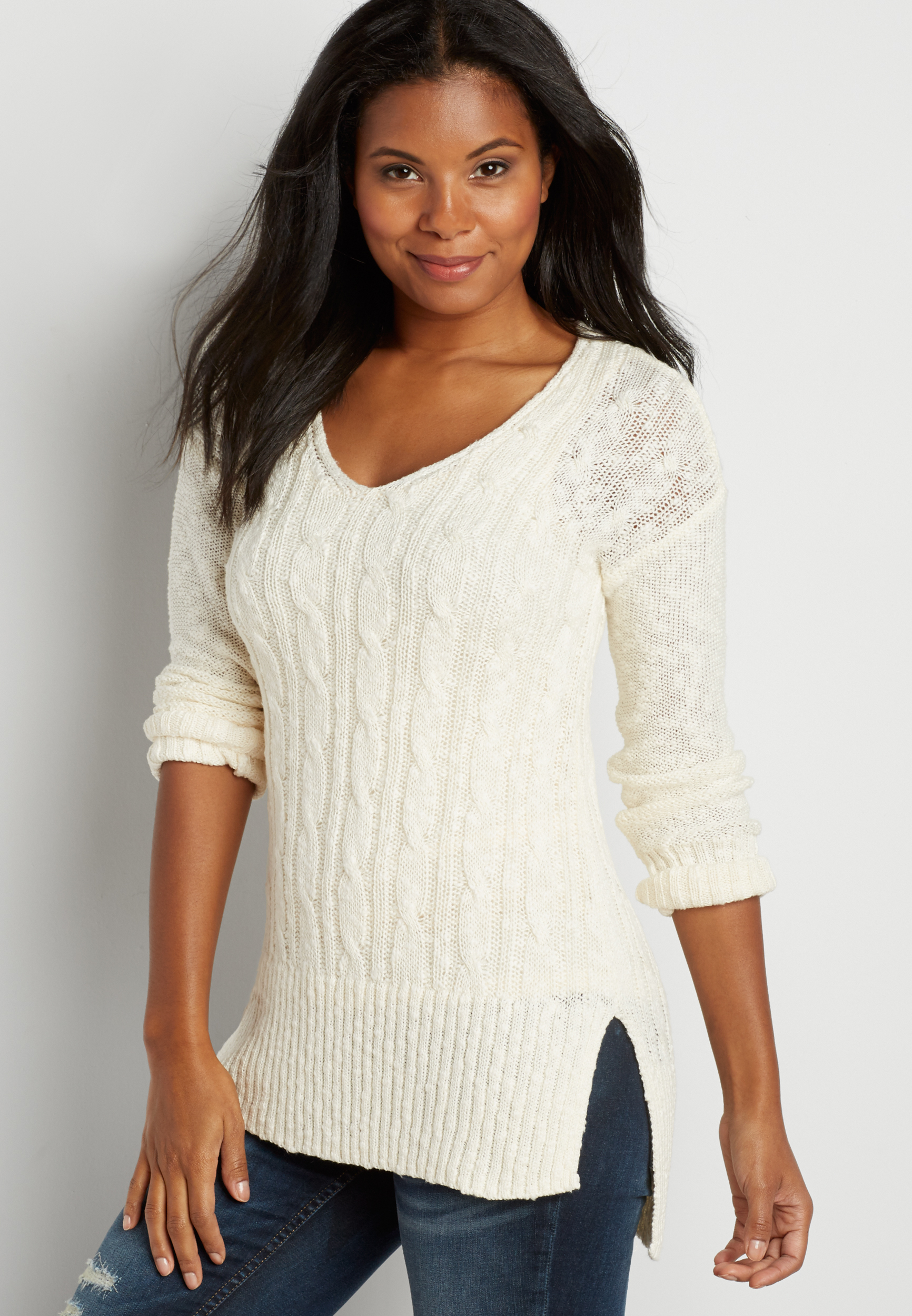 cable knit pullover tunic sweater in off white | maurices