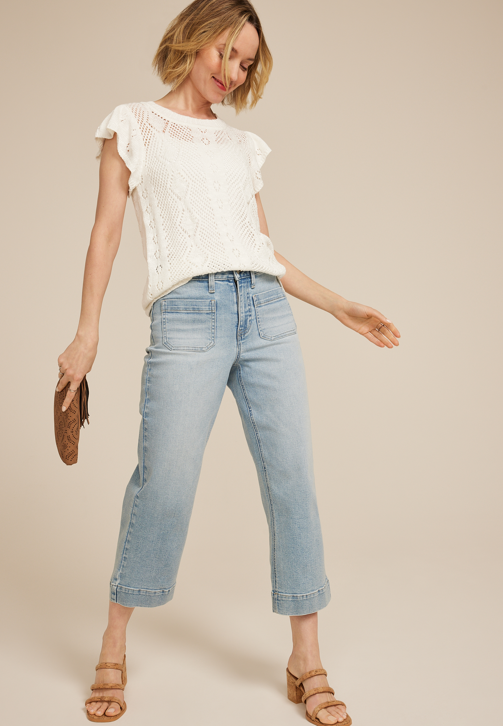 Pointelle Flutter Sleeve Sweater Top, C2789, large