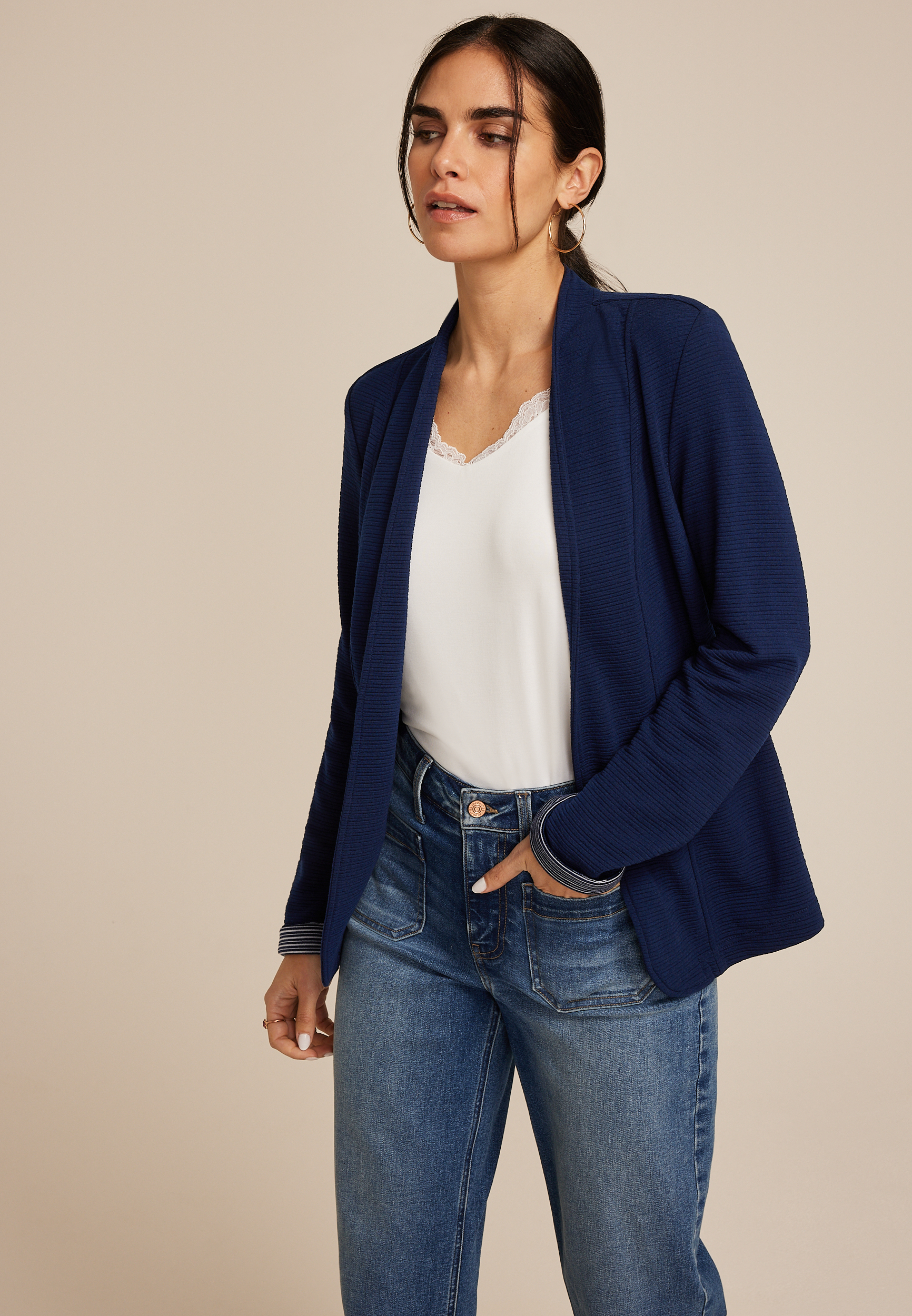 Collarless Knit Open Front Blazer