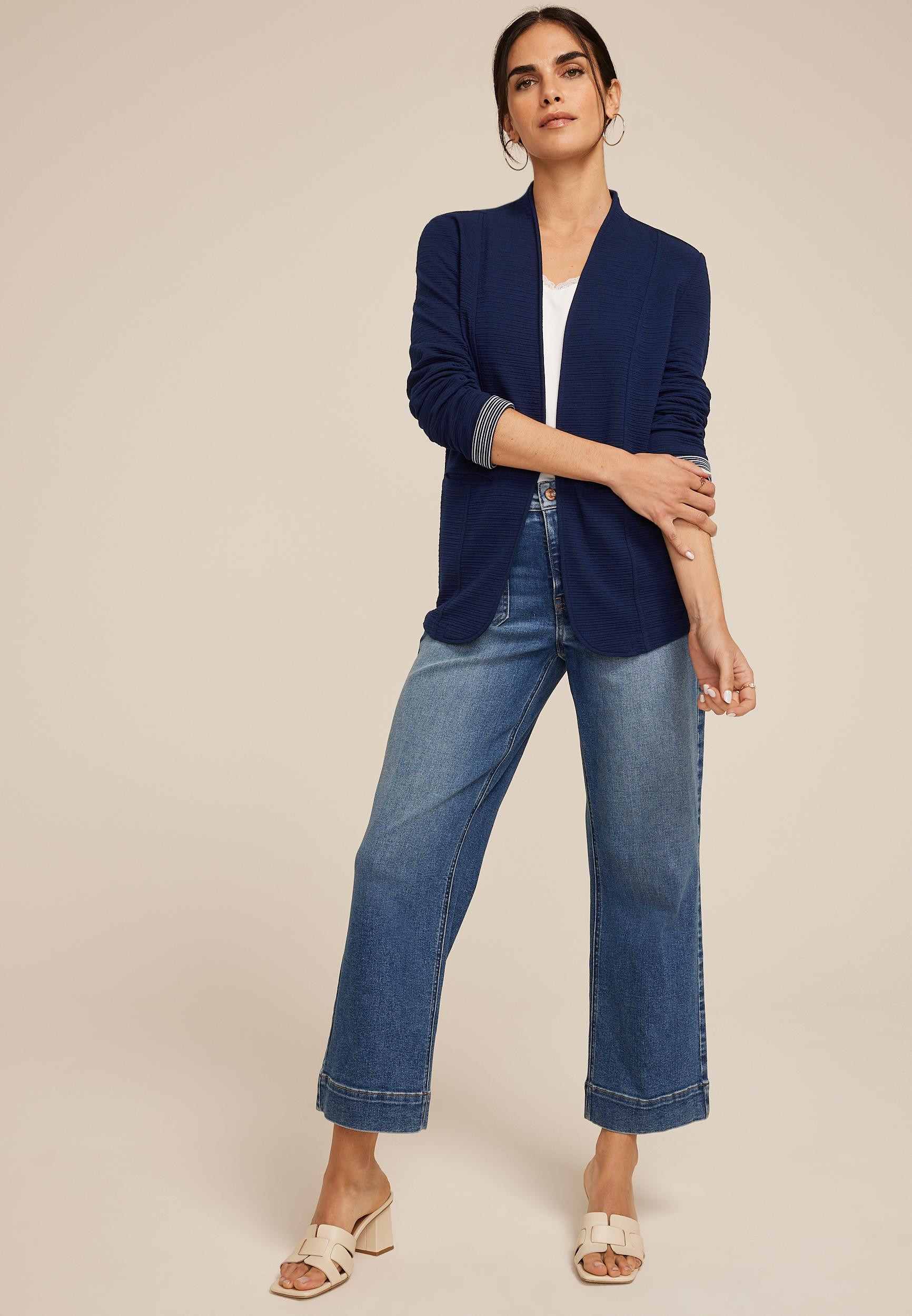 Collarless Knit Open Front Blazer, , large