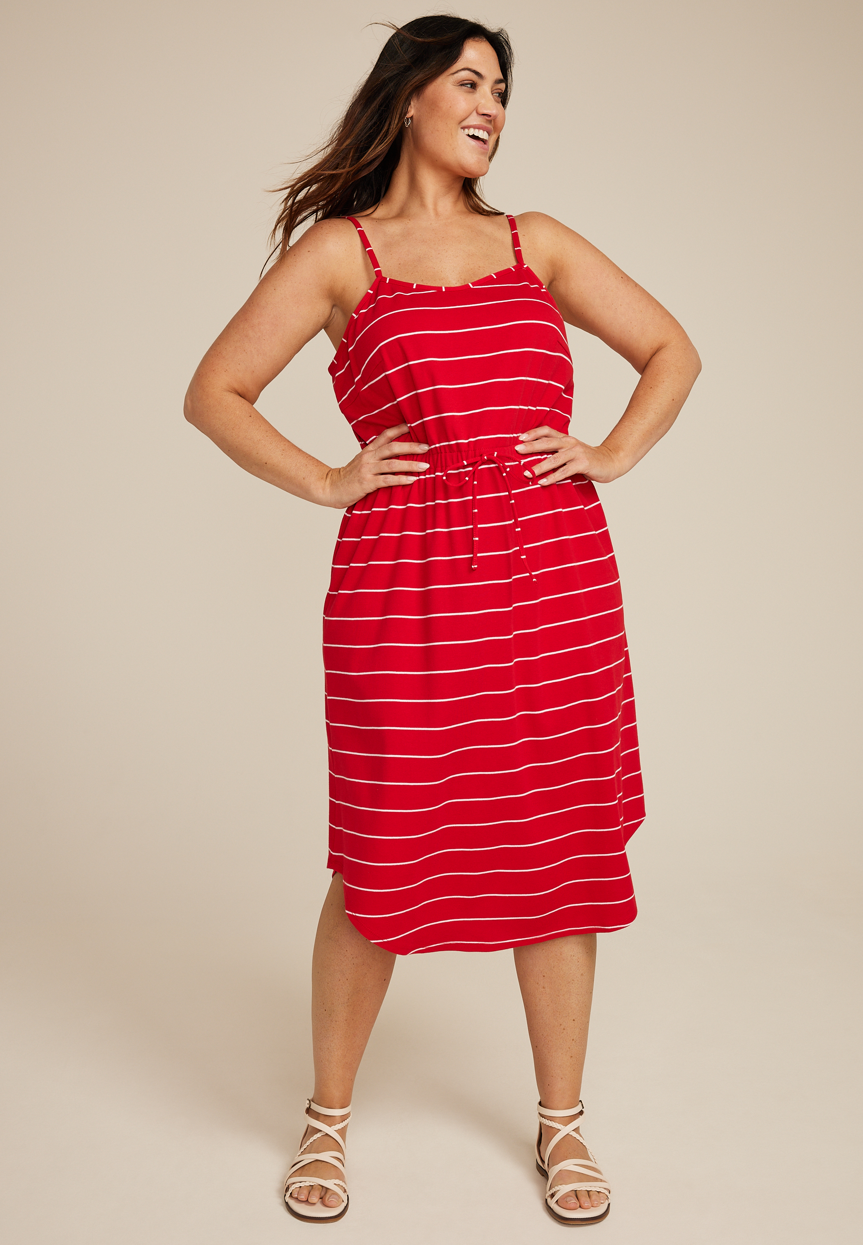 Plus Size 24/7 Bare Striped Cinched Waist Midi Dress