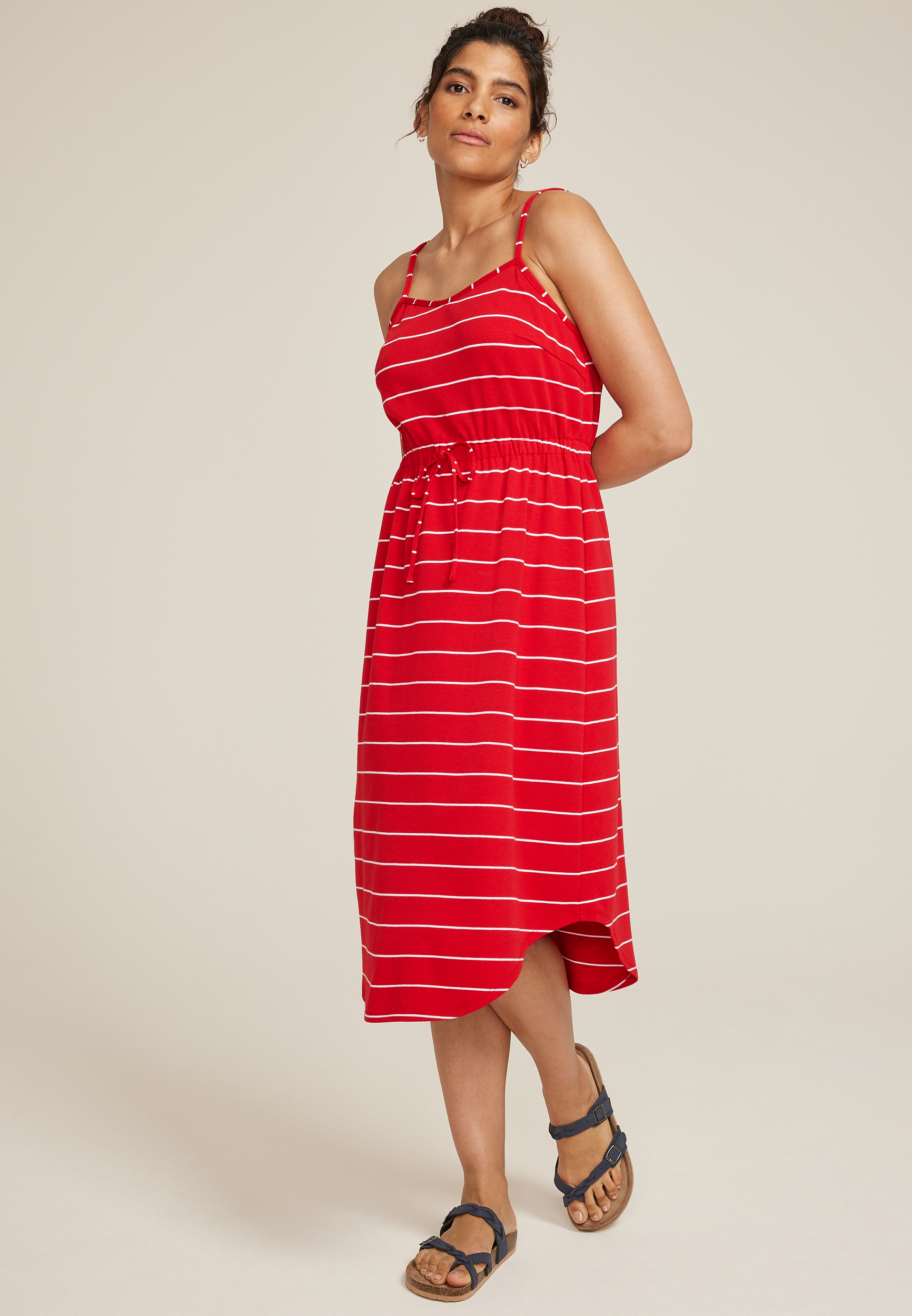 24/7 Bare Striped Cinched Waist Midi Dress