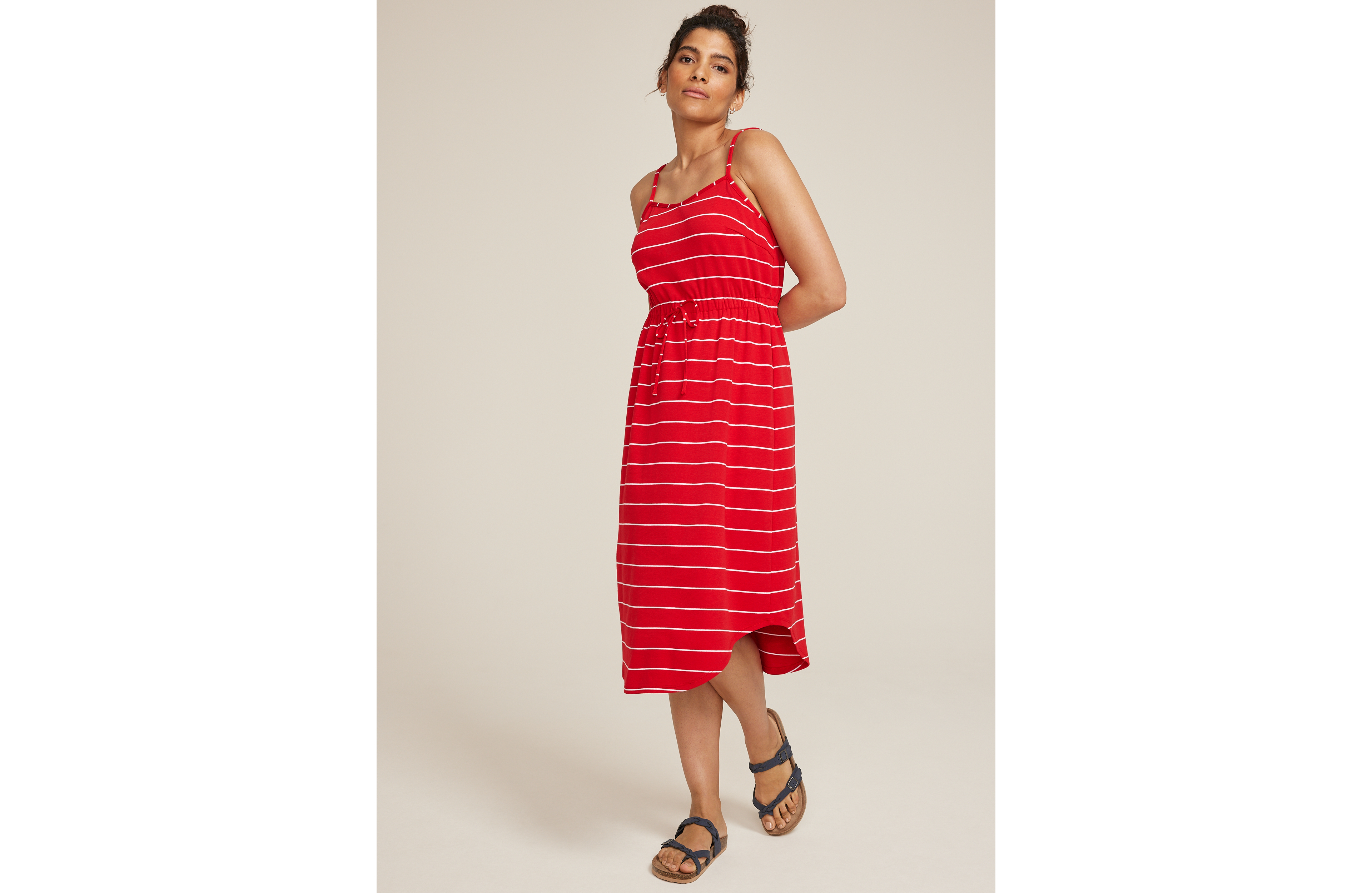 24/7 Bare Striped Cinched Waist Midi Dress