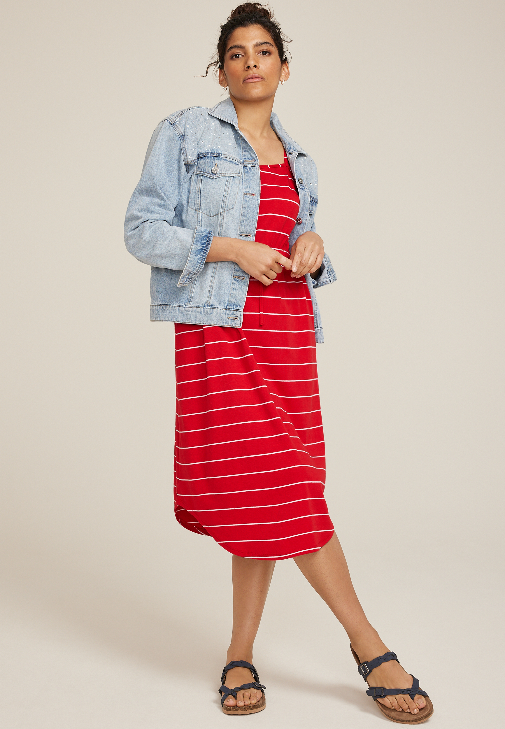 24/7 Bare Striped Cinched Waist Midi Dress, C2947, large