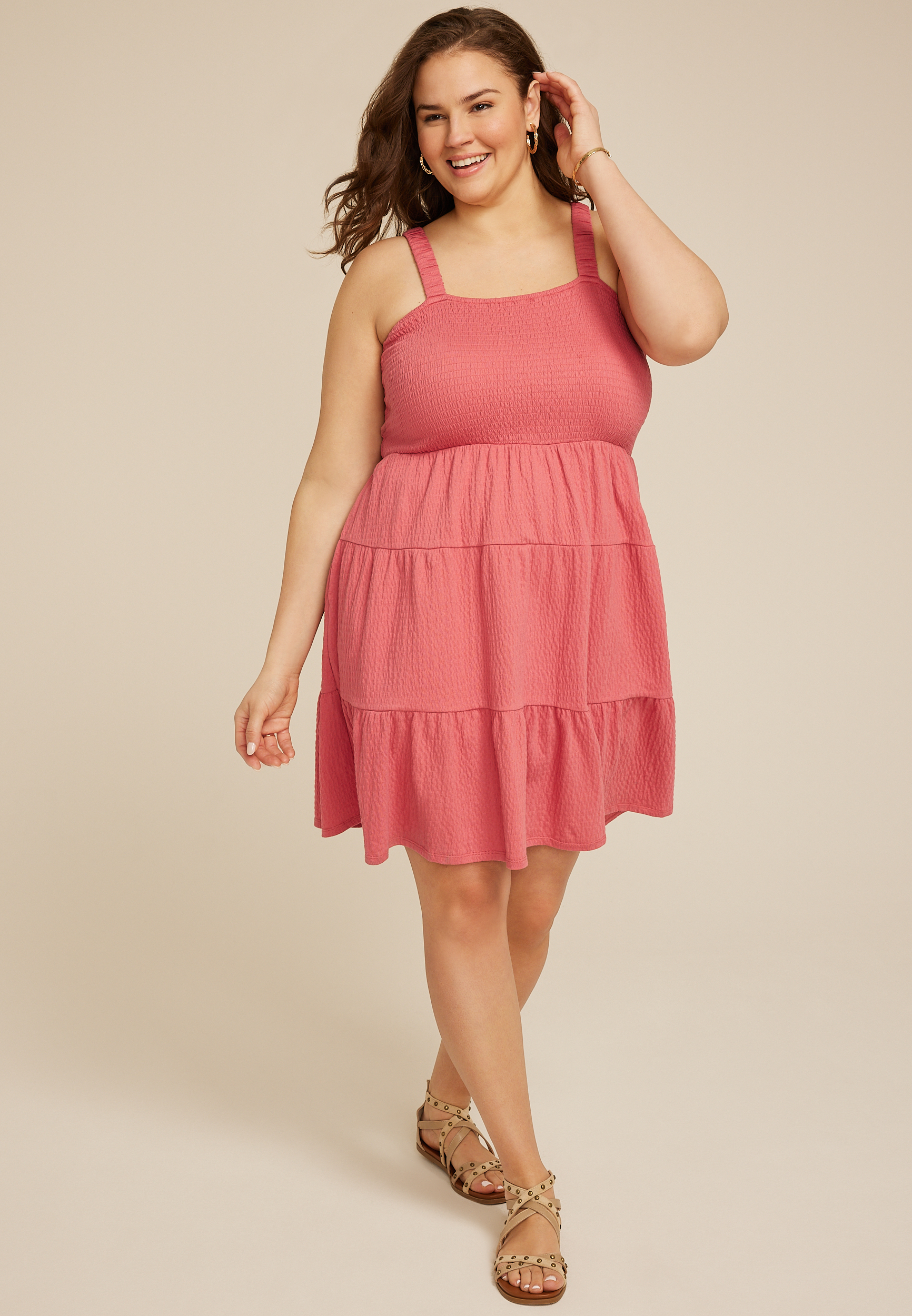 Plus Size 24/7 Bare Smocked Bodice Tiered Mini Dress