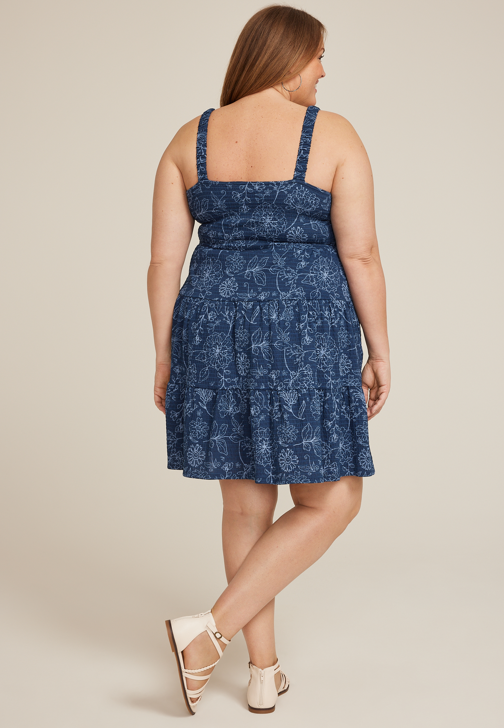 Plus Size Bare Floral Smocked Bodice Tiered Mini Dress, WASHED NAVY COMBO, large