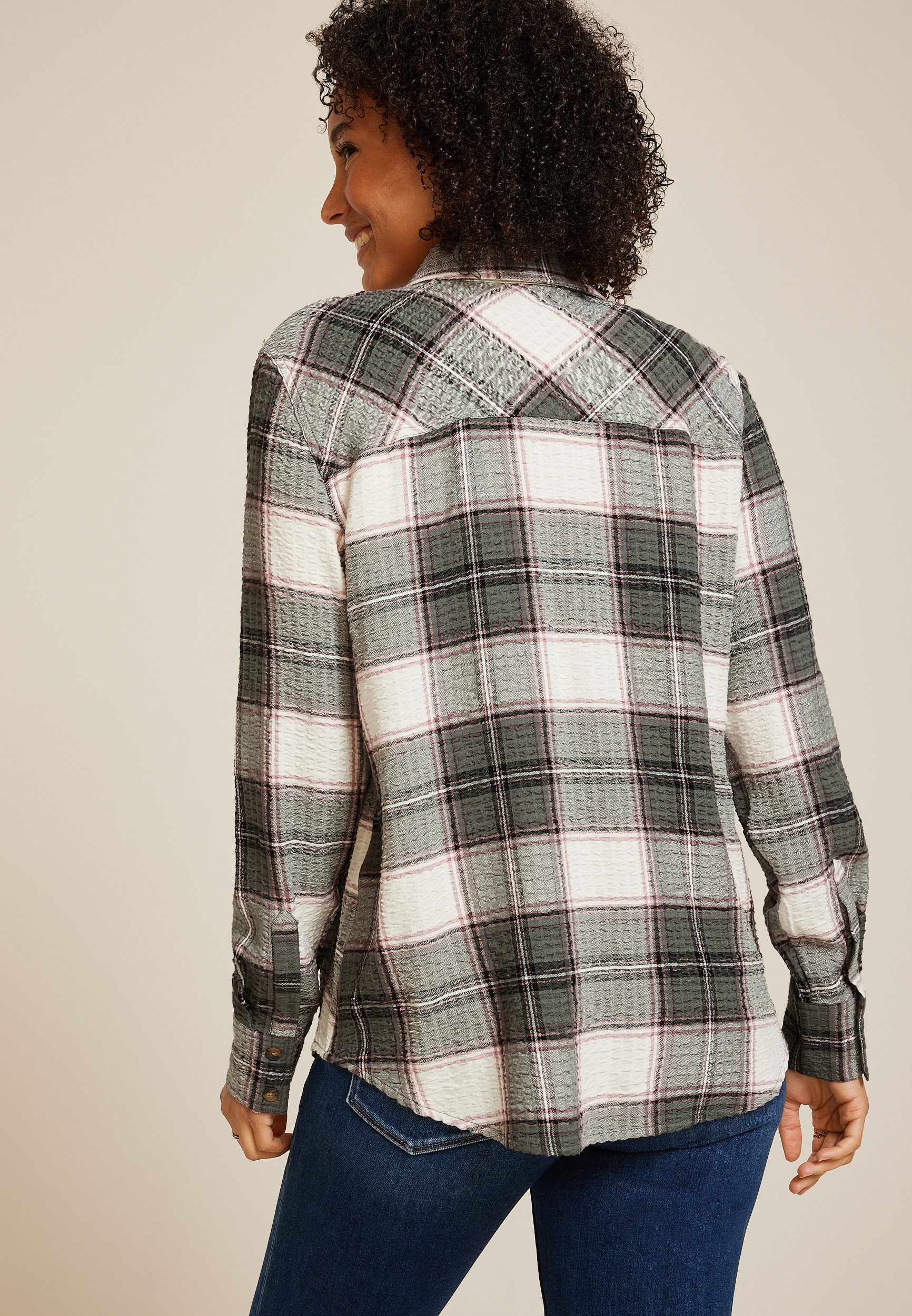 Pucker Plaid Button Down Shirt, C1829, large