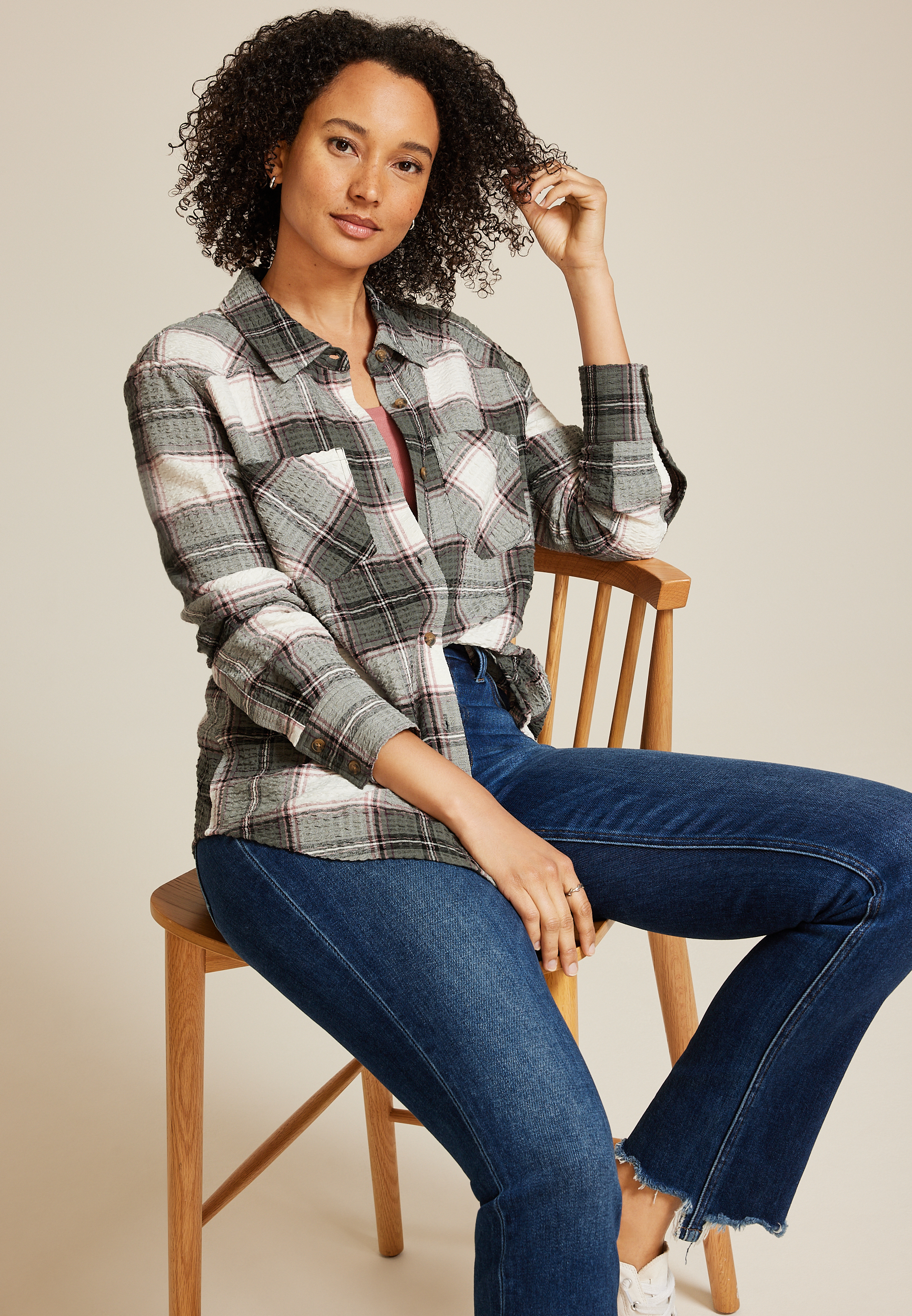Pucker Plaid Button Down Shirt, C1829, large