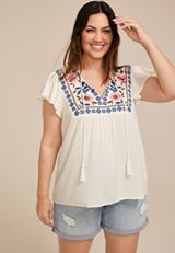 Plus Size Embroidered Tie Front Blouse, C1212, small