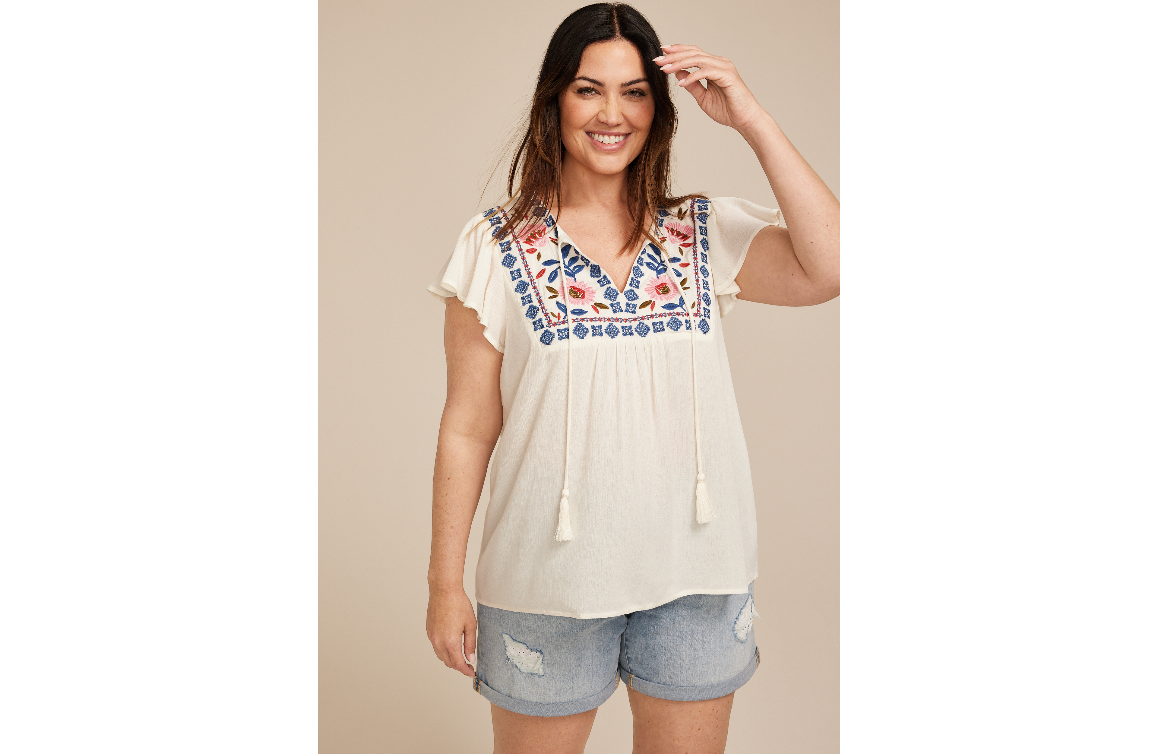 Plus Embroidered Tie Front Blouse
