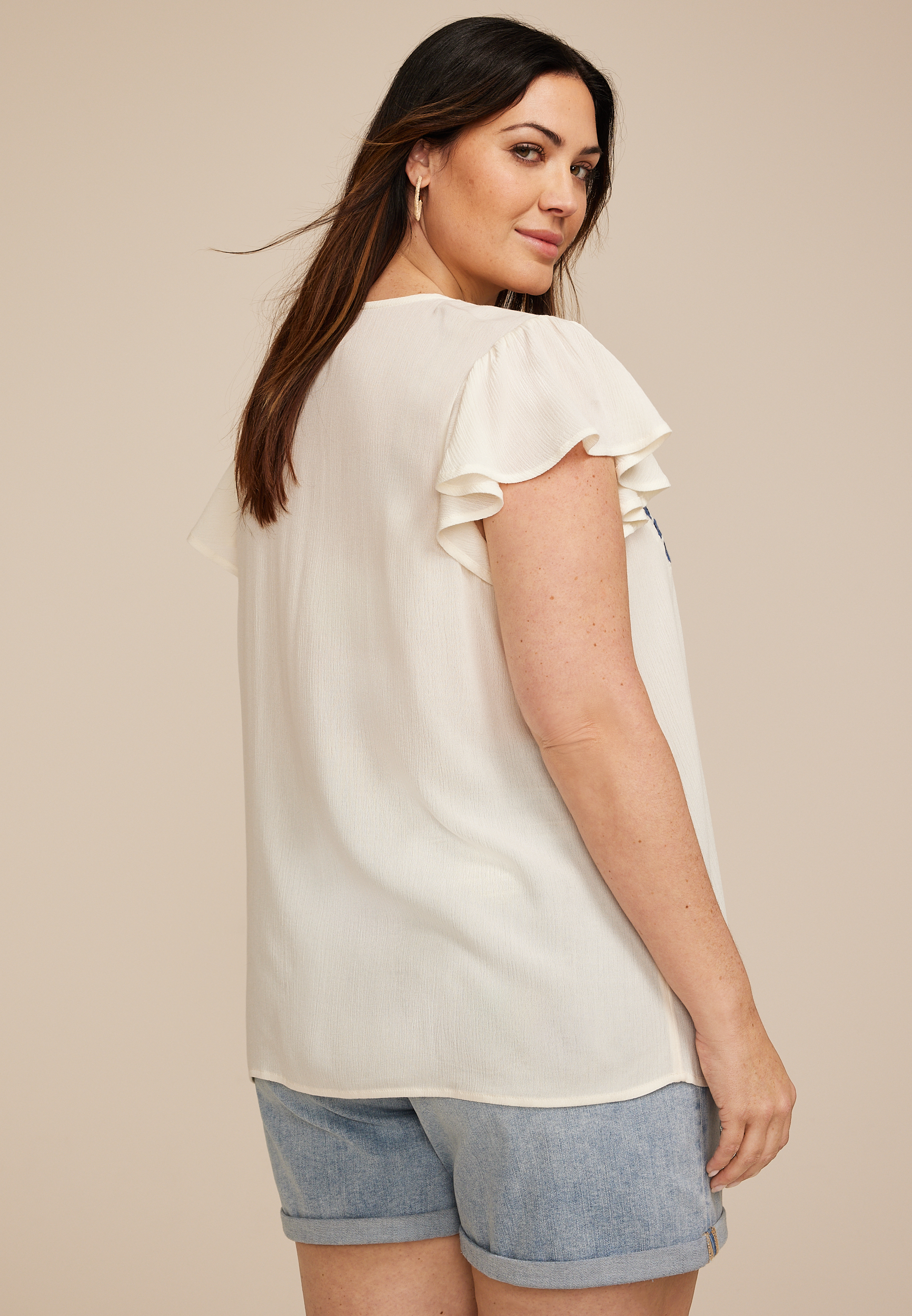 Plus Size Embroidered Tie Front Blouse, C1212, large