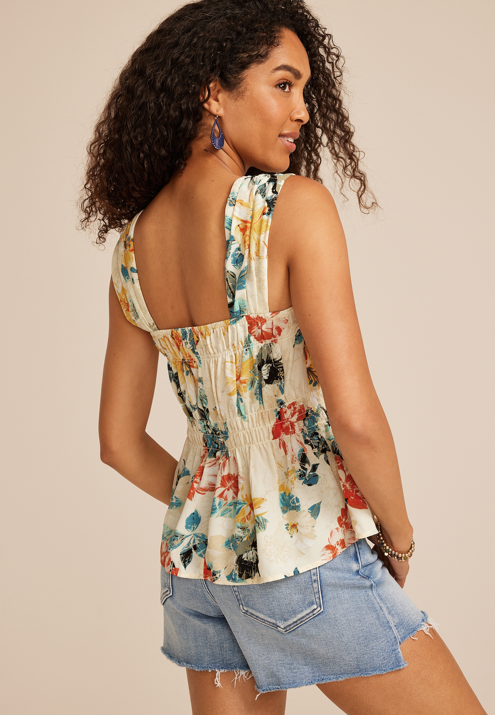 Floral Smocked Peplum Tank Top, C1524, large