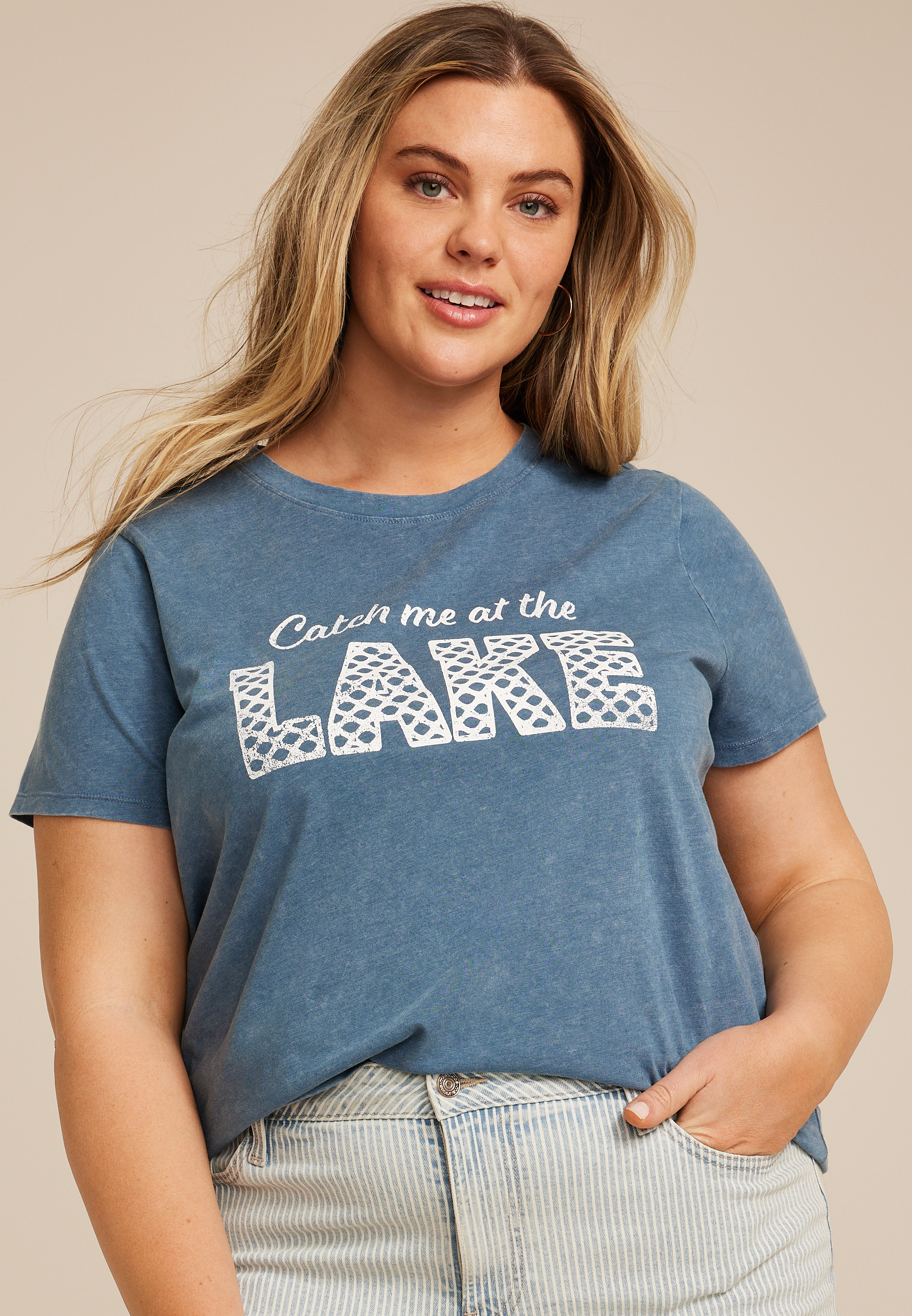 Plus Size Catch Me At The Lake Classic Fit Graphic Tee, WASHED NAVY, large
