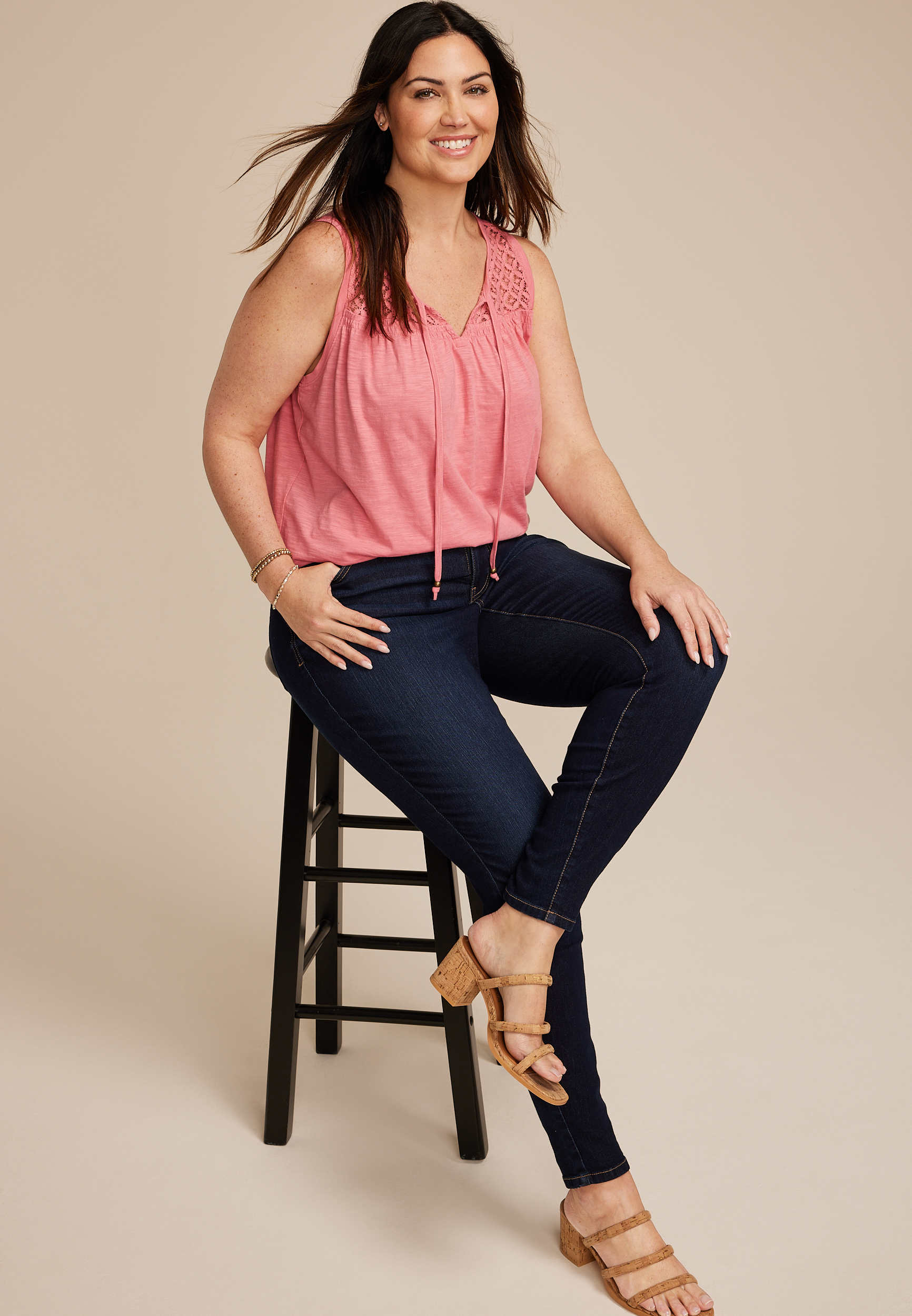 Plus Size Crochet Yoke Tie Front Tank Top, C9894, large