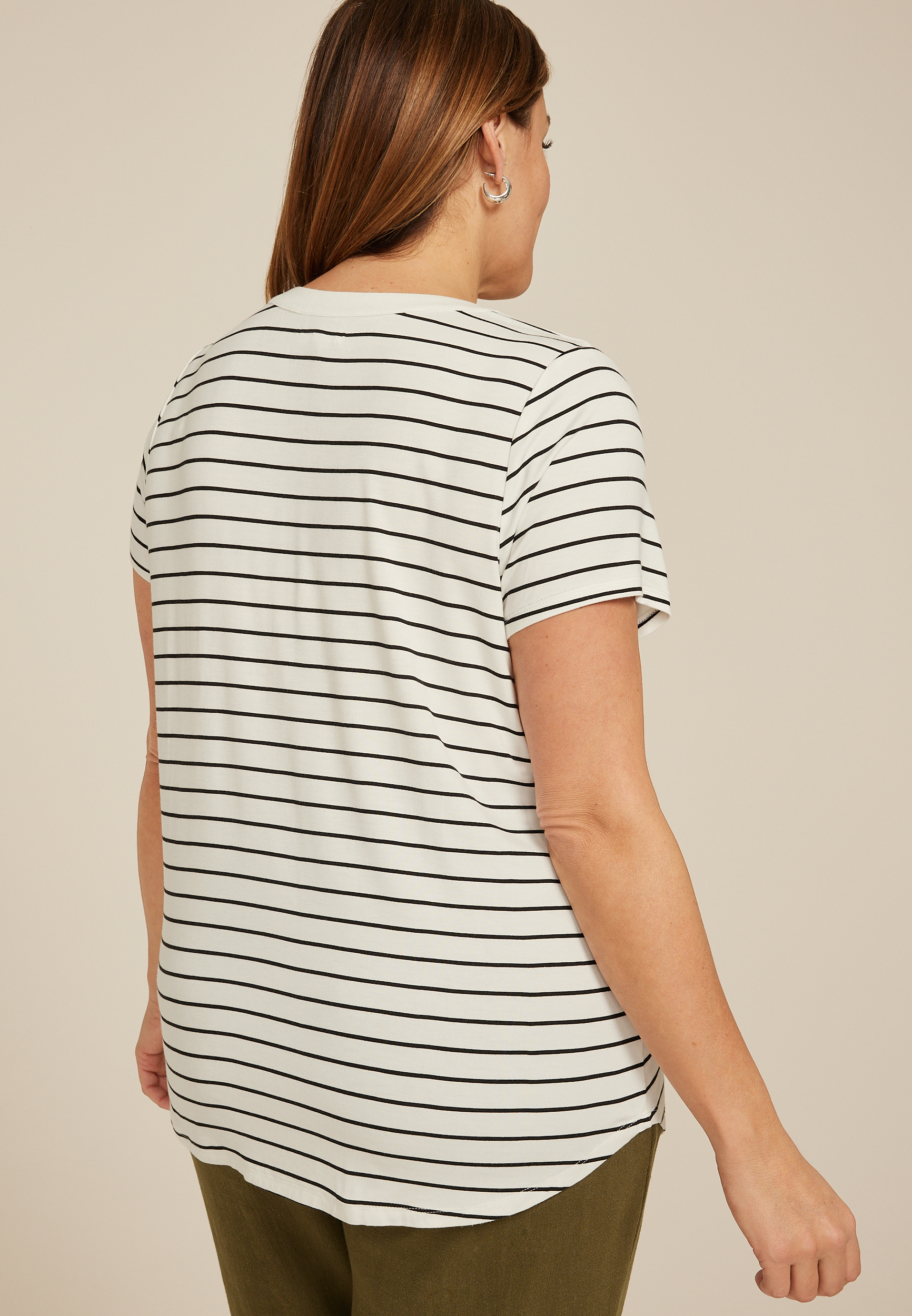 Plus Size Striped Lattice Front Short Sleeve Tee, C2380, large