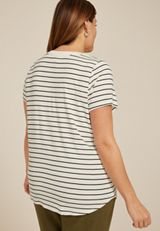Plus Size Striped Lattice Front Short Sleeve Tee, C2380, small