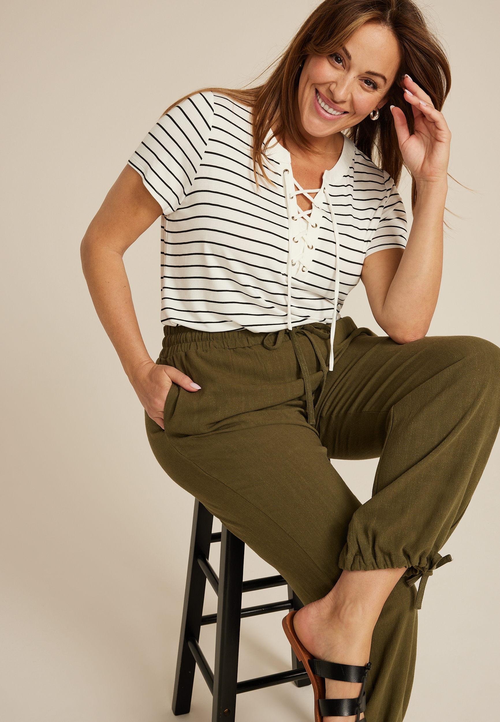 Plus Size Striped Lattice Front Short Sleeve Tee, C2380, large