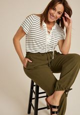 Plus Size Striped Lattice Front Short Sleeve Tee, C2380, small
