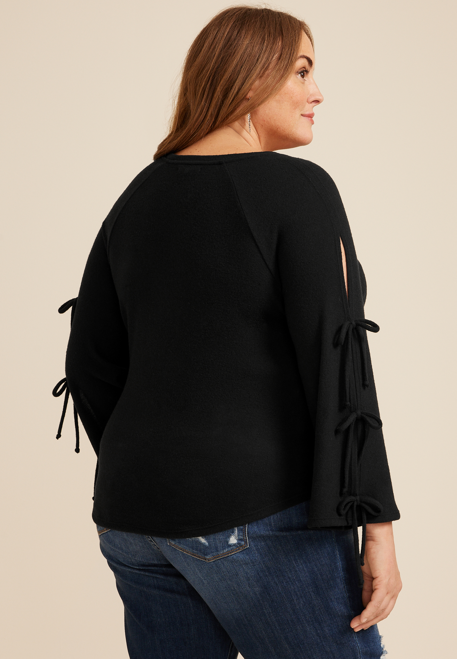 Plus Size Tie Bell Sleeve Top, BLACK, large