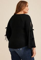Plus Size Tie Bell Sleeve Top, BLACK, small