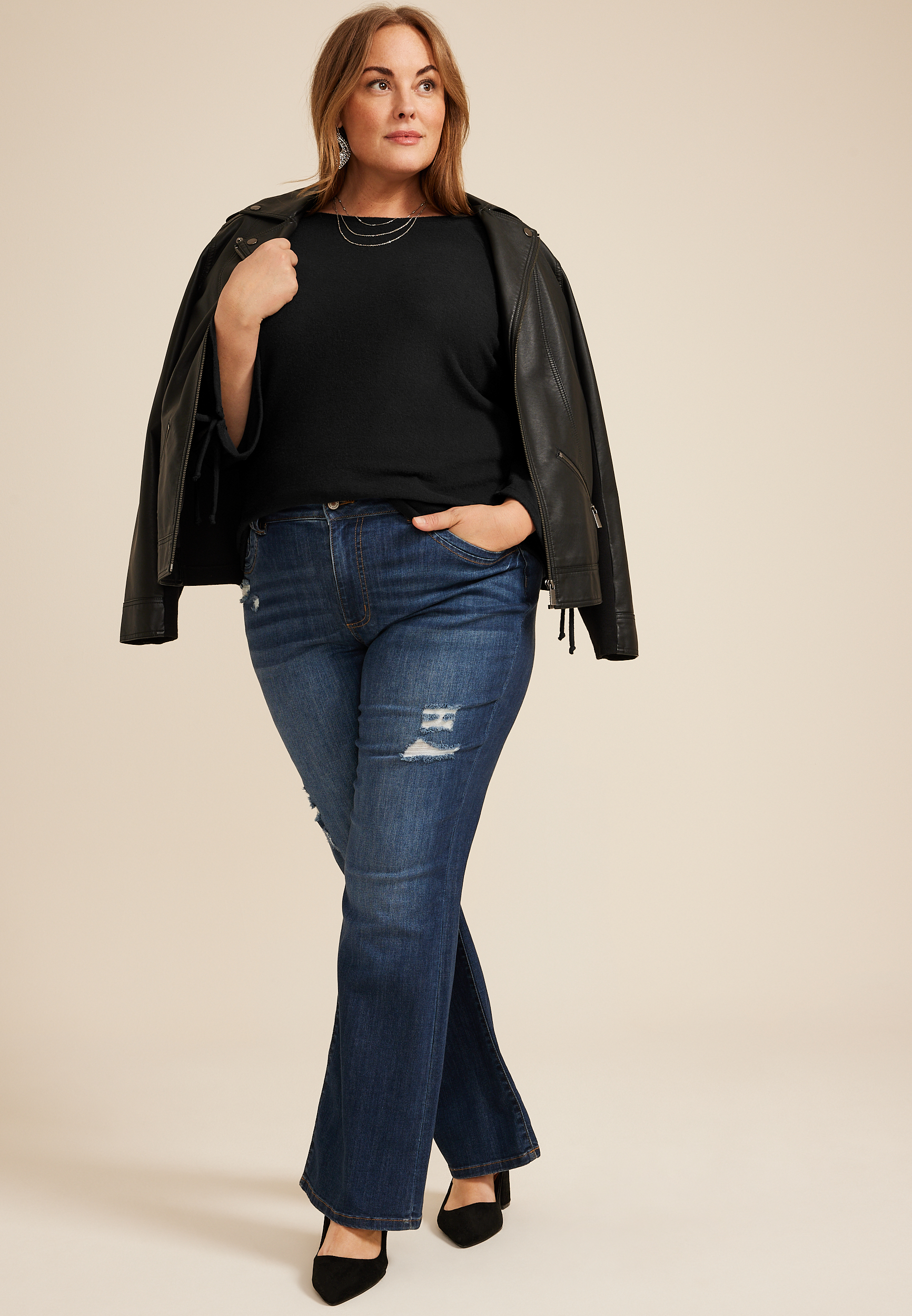 Plus Size Tie Bell Sleeve Top, BLACK, large