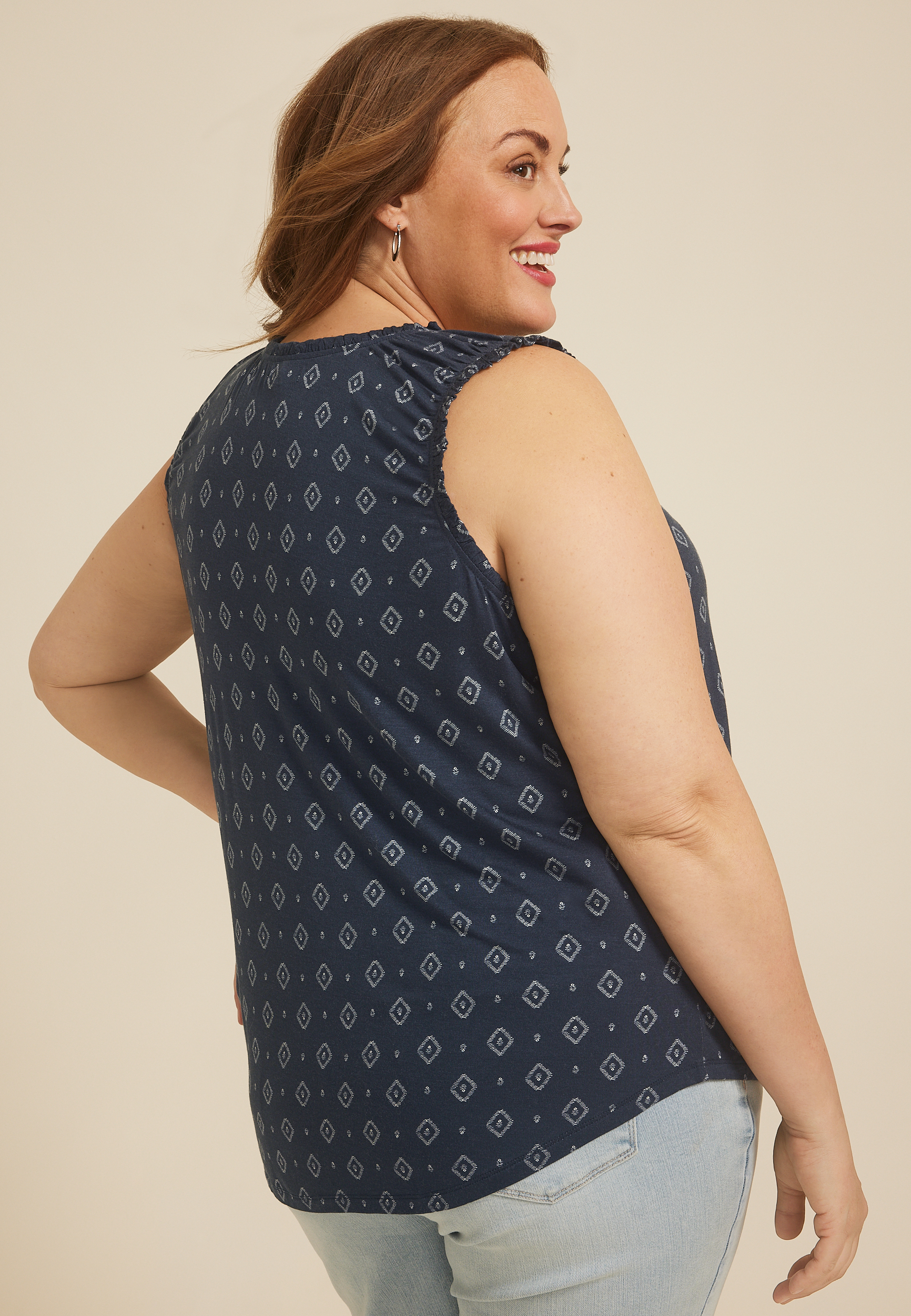 Plus Size Effortless Ruched Printed Tank Top, C1769, large