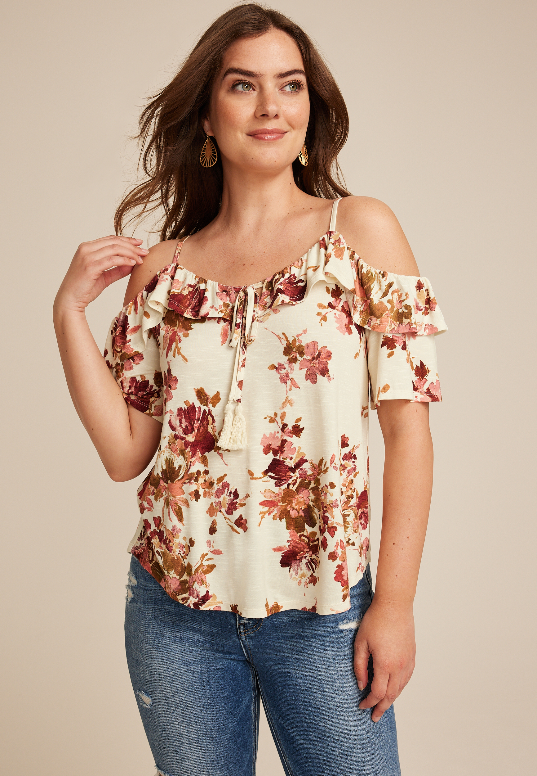 Floral Front Tie Cold Shoulder Top