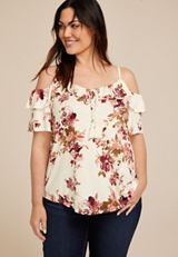 Plus Size Floral Front Tie Cold Shoulder Top, , small