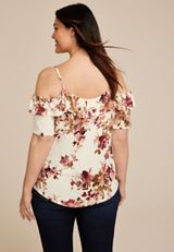 Plus Size Floral Front Tie Cold Shoulder Top, , small