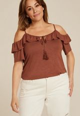 Plus Size Front Tie Cold Shoulder Top, MINK, small