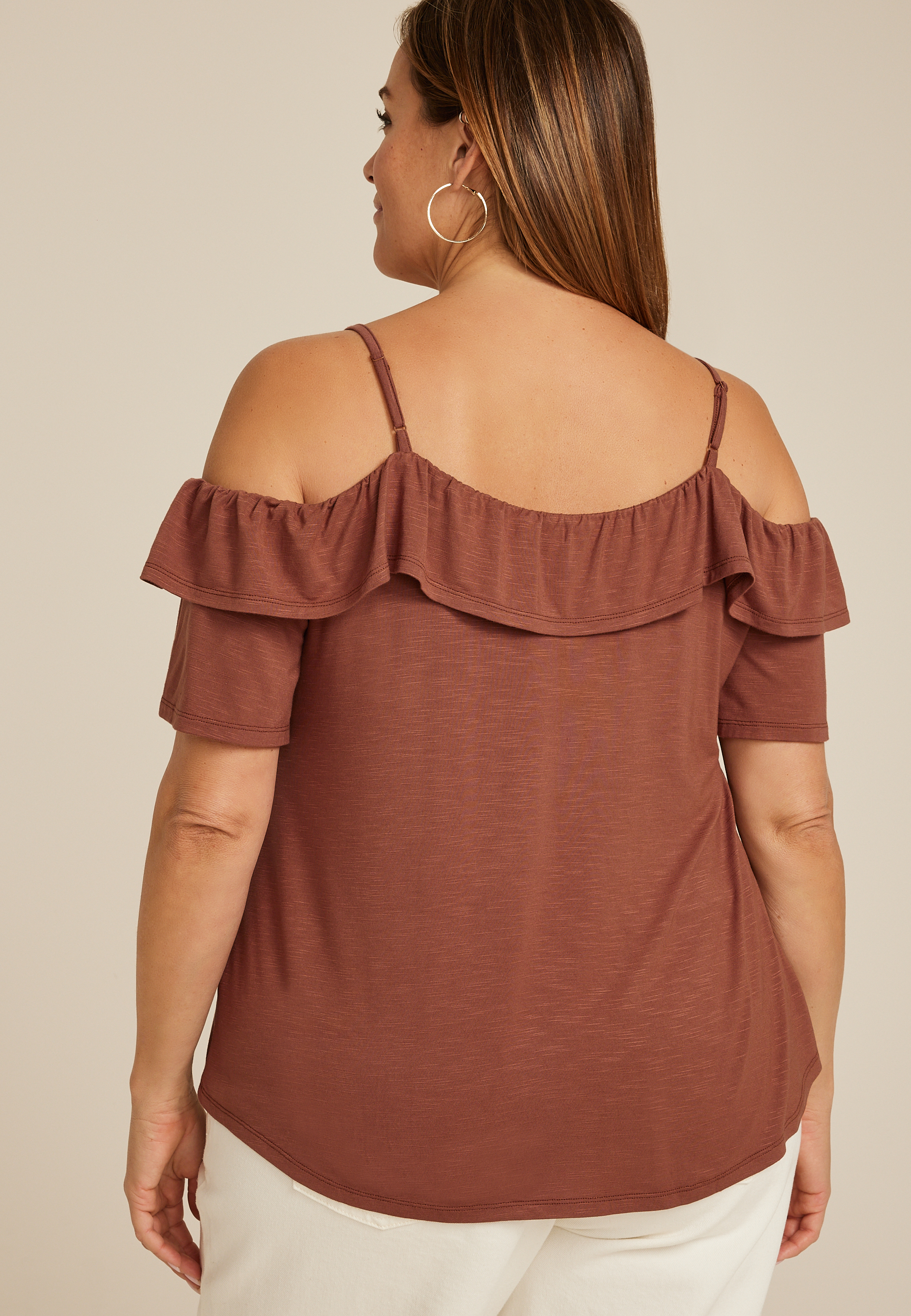 Plus Size Front Tie Cold Shoulder Top, MINK, large