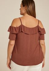 Plus Size Front Tie Cold Shoulder Top, MINK, small