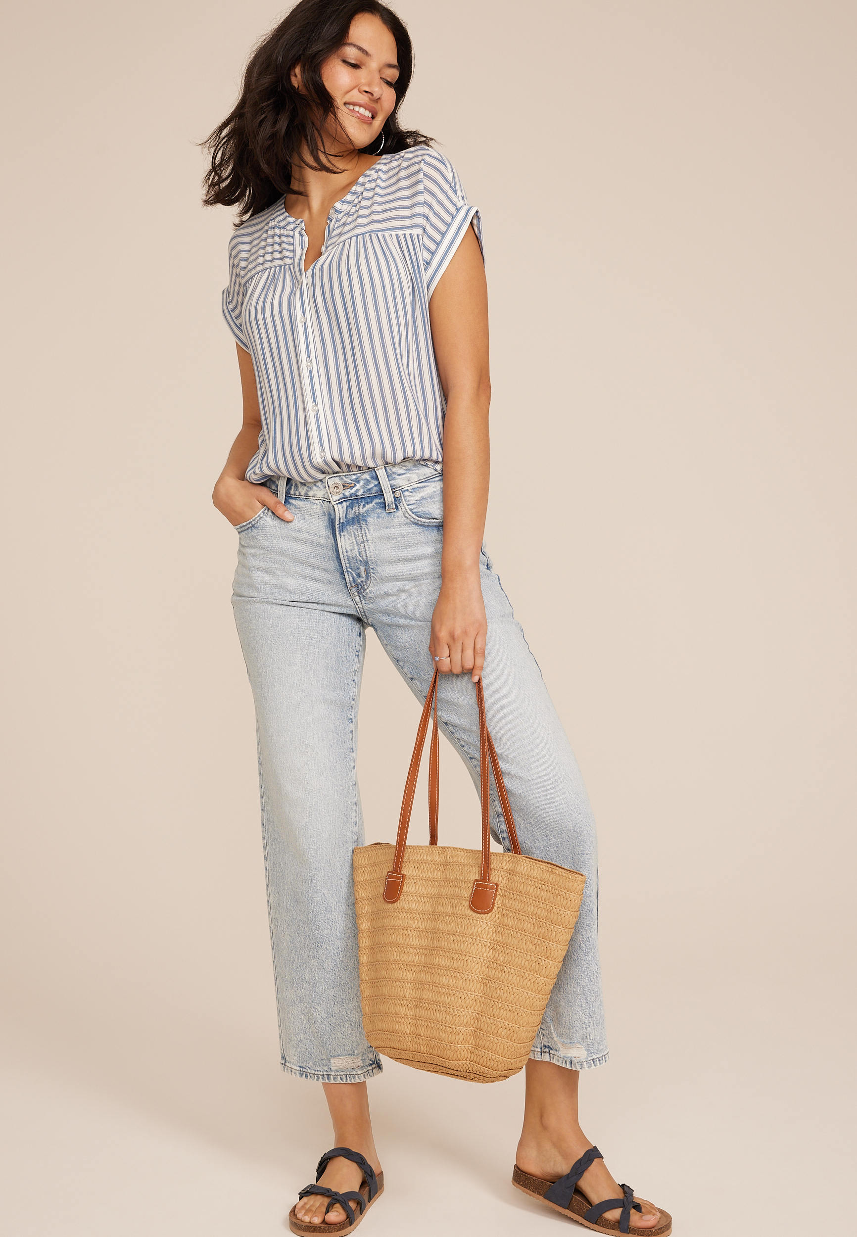 Striped Dolman Button Down Shirt, C1772, large