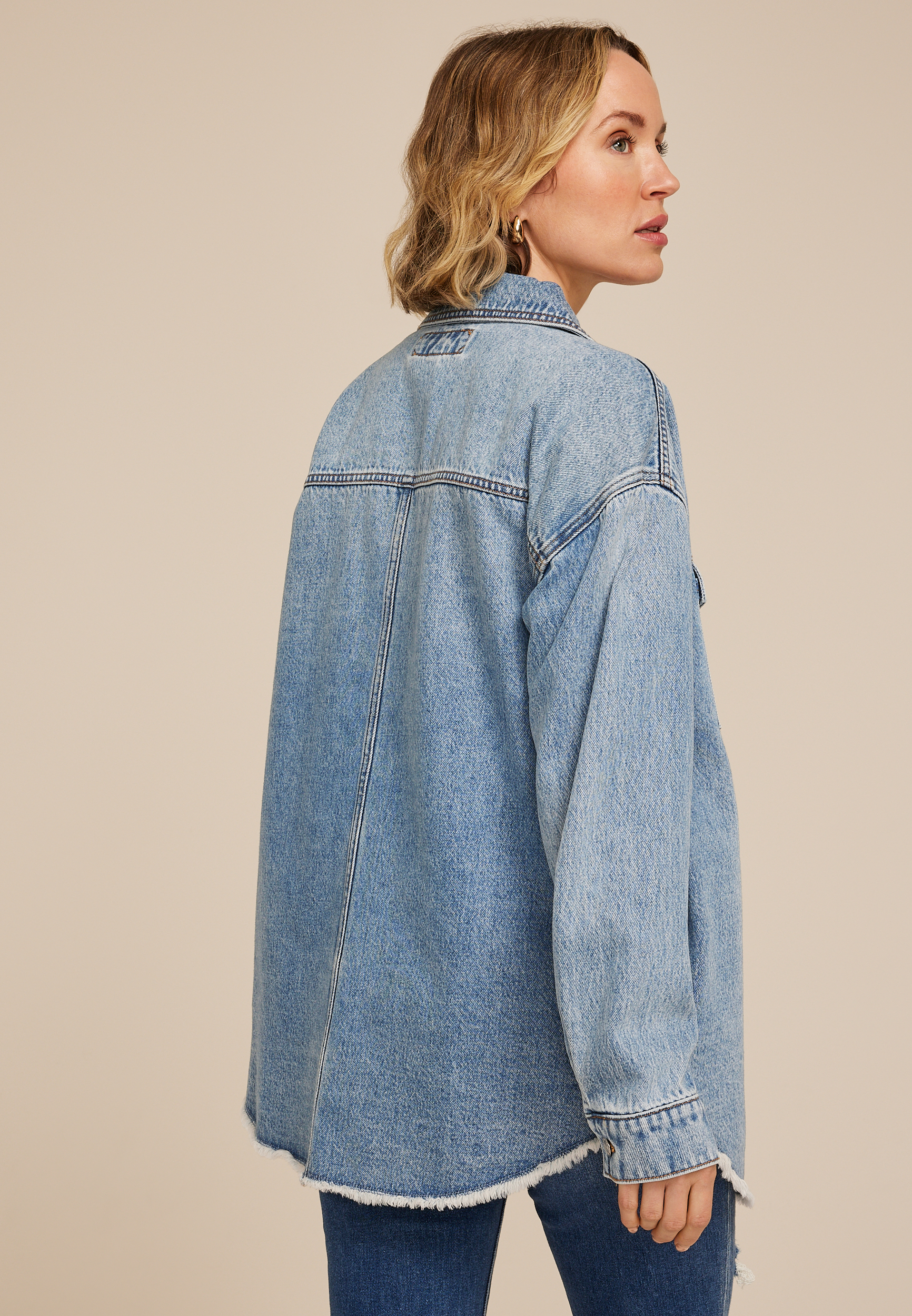 Raw Hem Denim Shacket, C3337, large