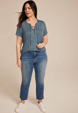 Plus Size Lattice Front Short Sleeve Tee, C9874, small