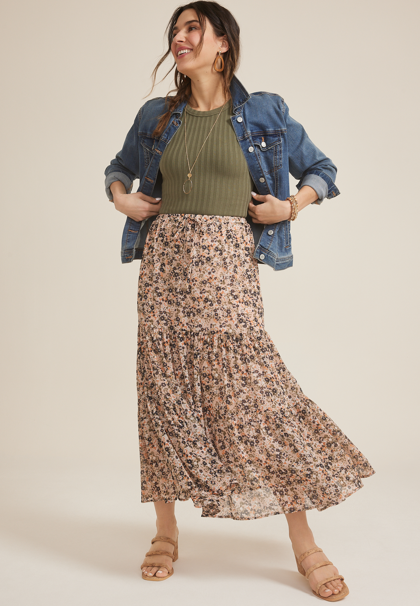 Floral Tiered High Rise Maxi Skirt, MULTI, large