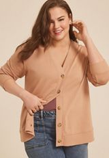 Plus Size Button Front Cardigan, Tawny Brown, small