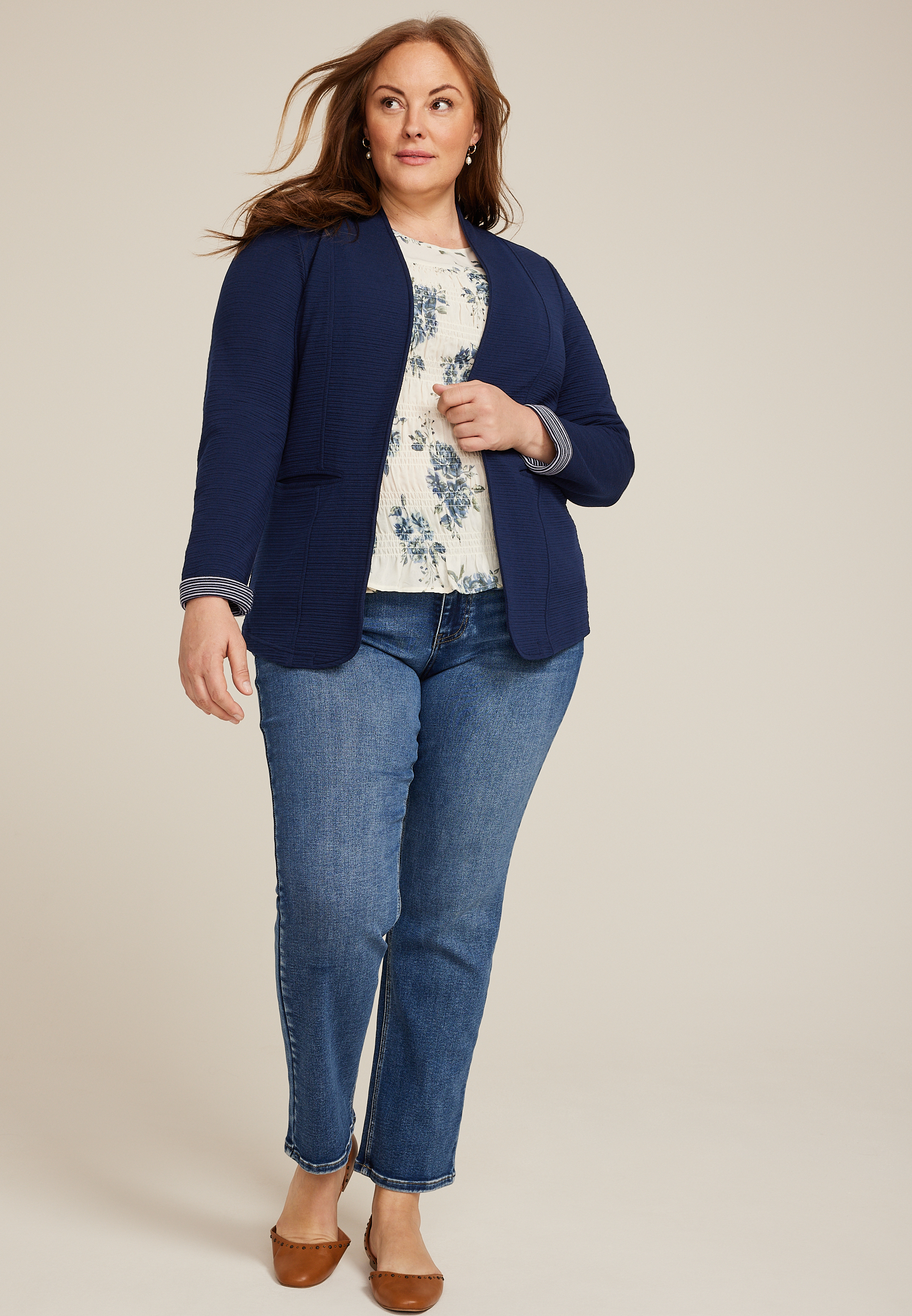 Plus Size Collarless Knit Open Front Blazer, BLUE JASMINE, large