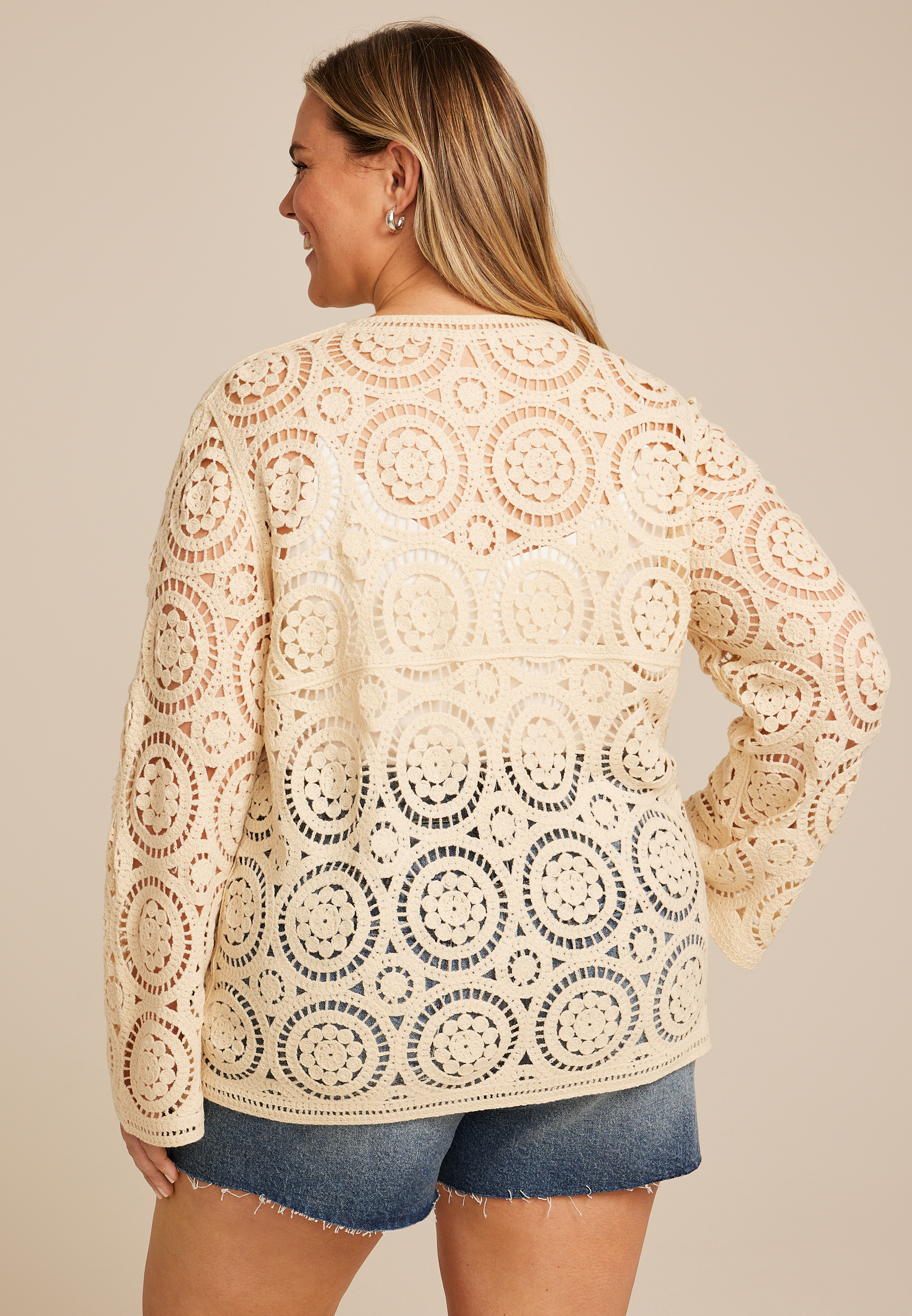 Plus Size Crochet Cardigan, ECRU, large