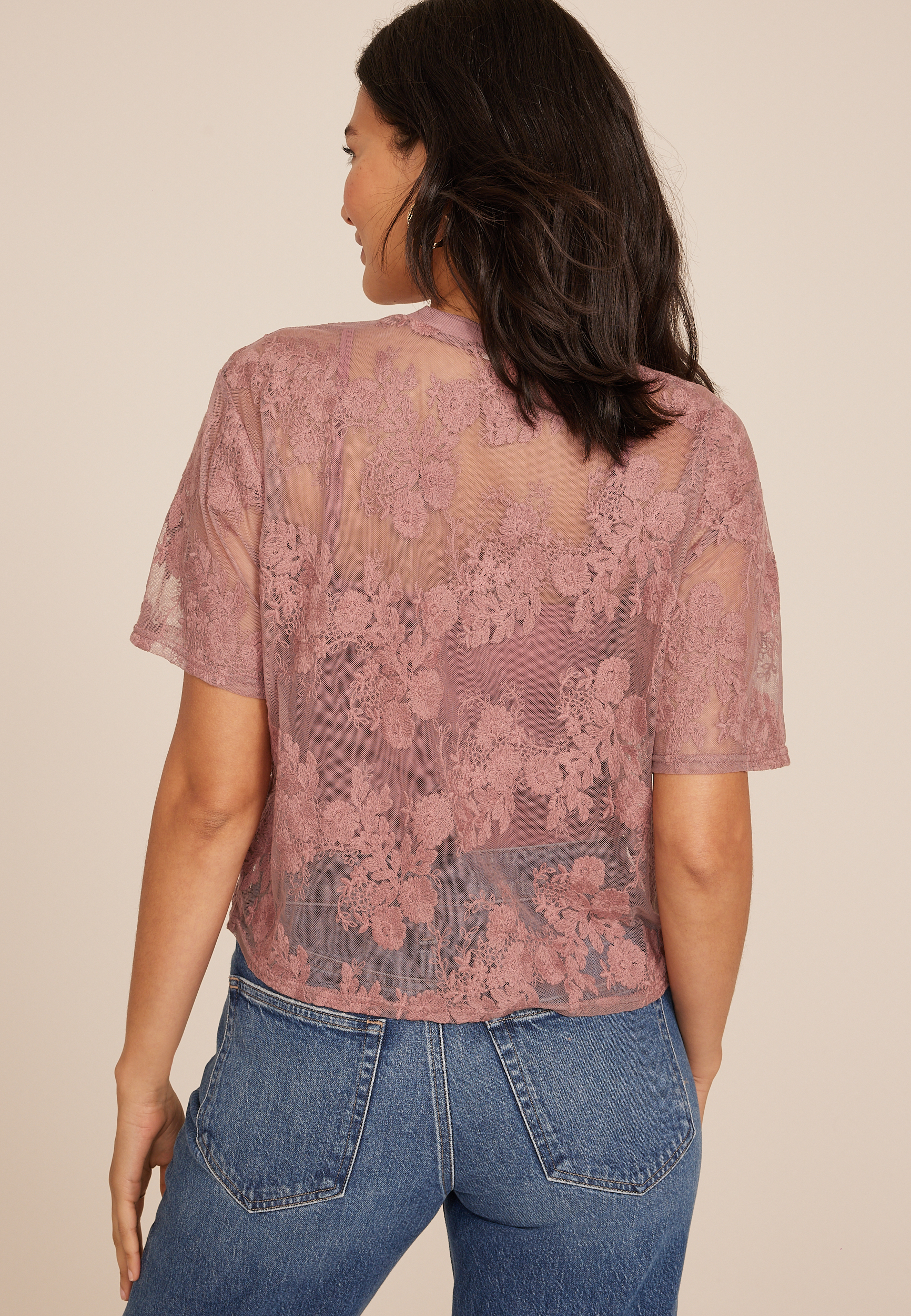 Floral Embroidered Mesh Blouse, C9474, large
