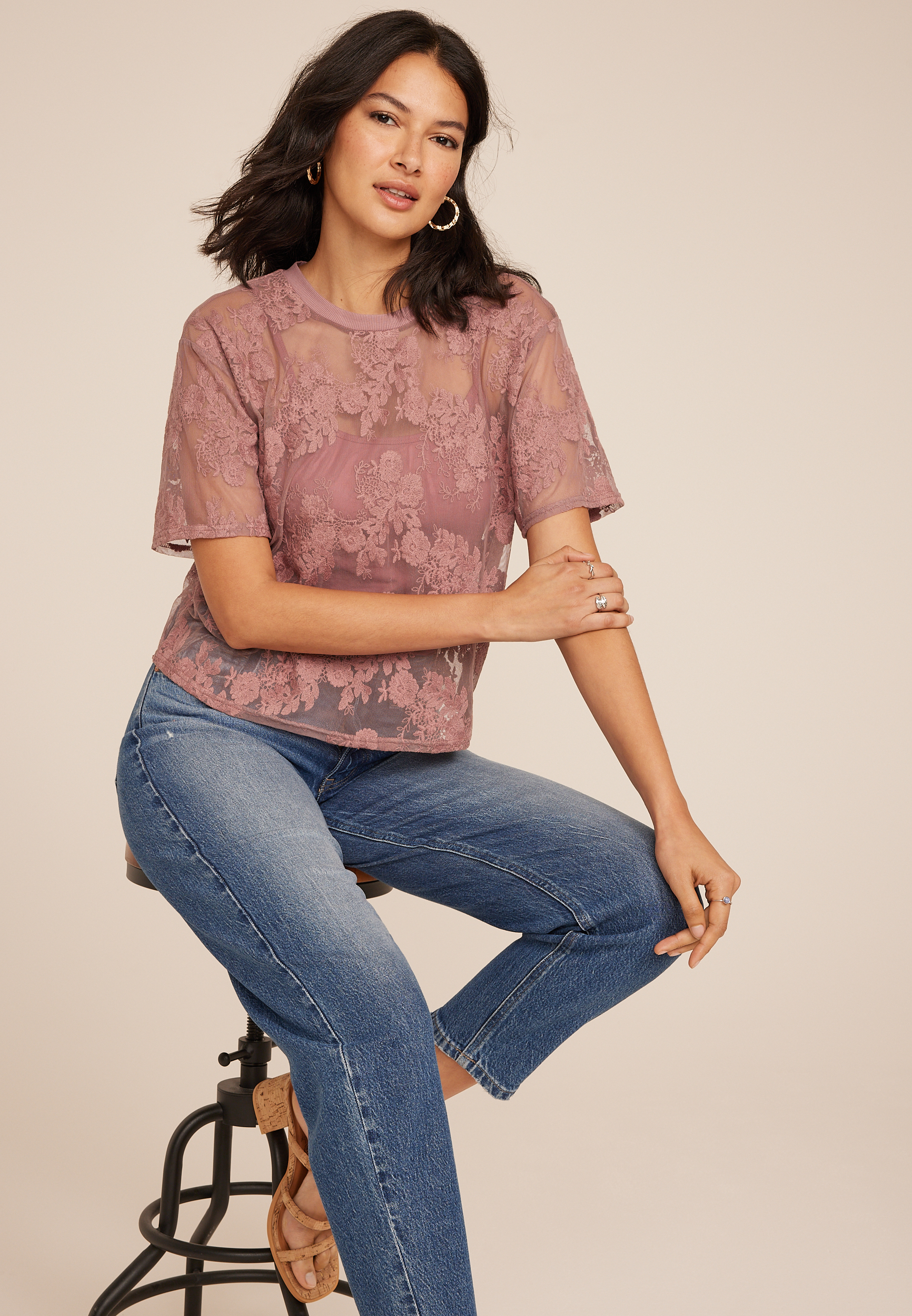 Floral Embroidered Mesh Blouse, C9474, large