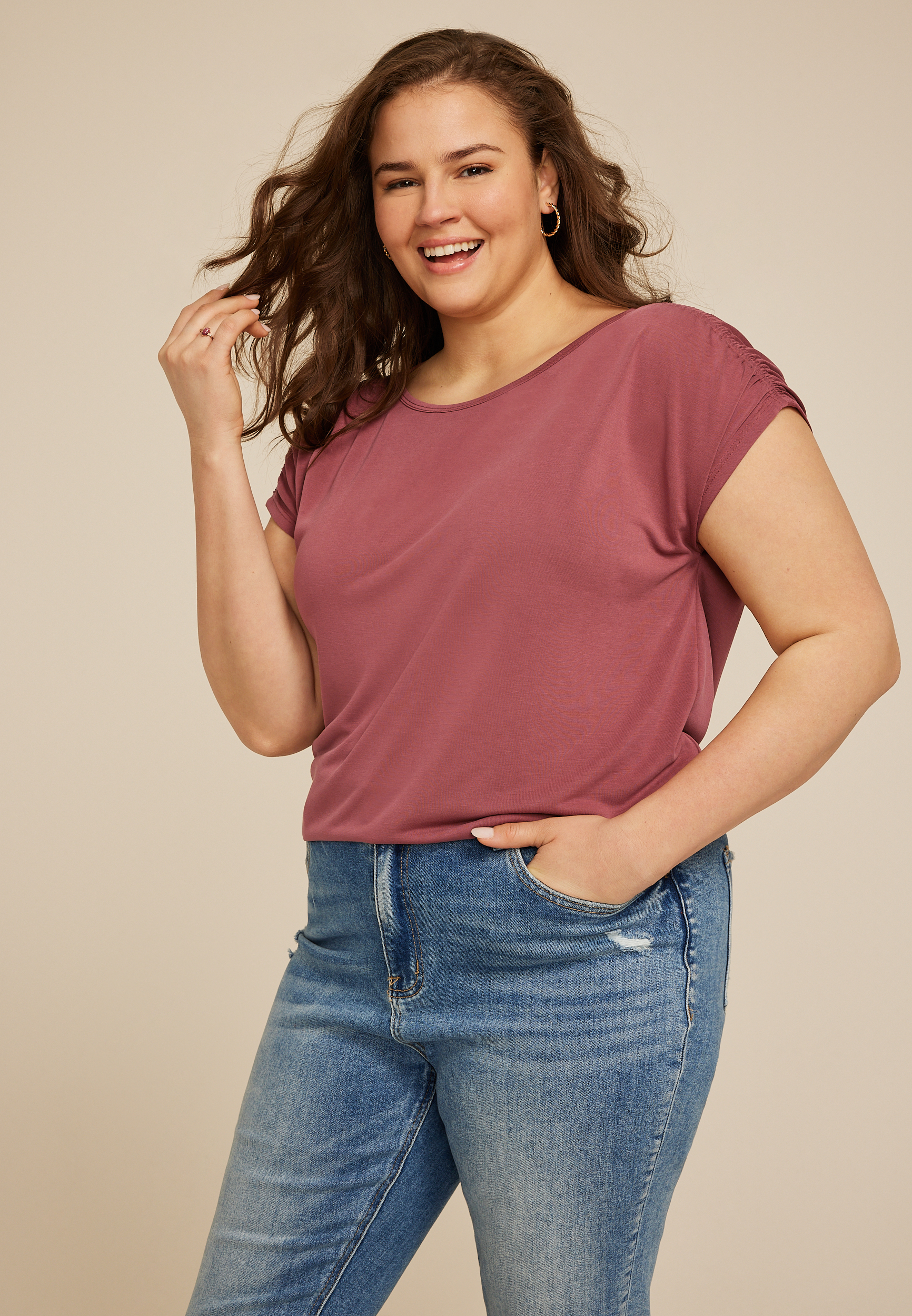 Plus Size 24/7 Fairhaven Ruched Shoulder Tee