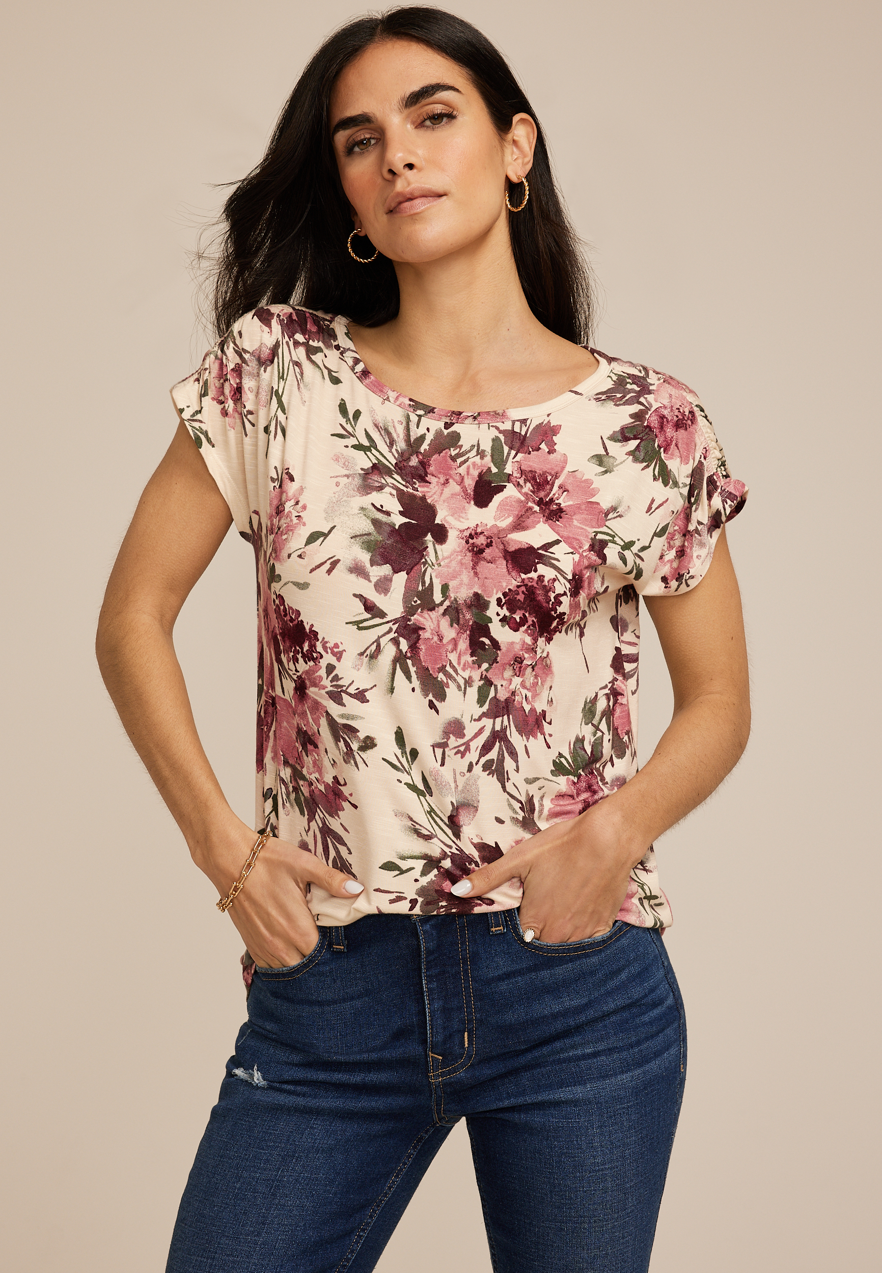 24/7 Fairhaven Floral Ruched Shoulder Tee