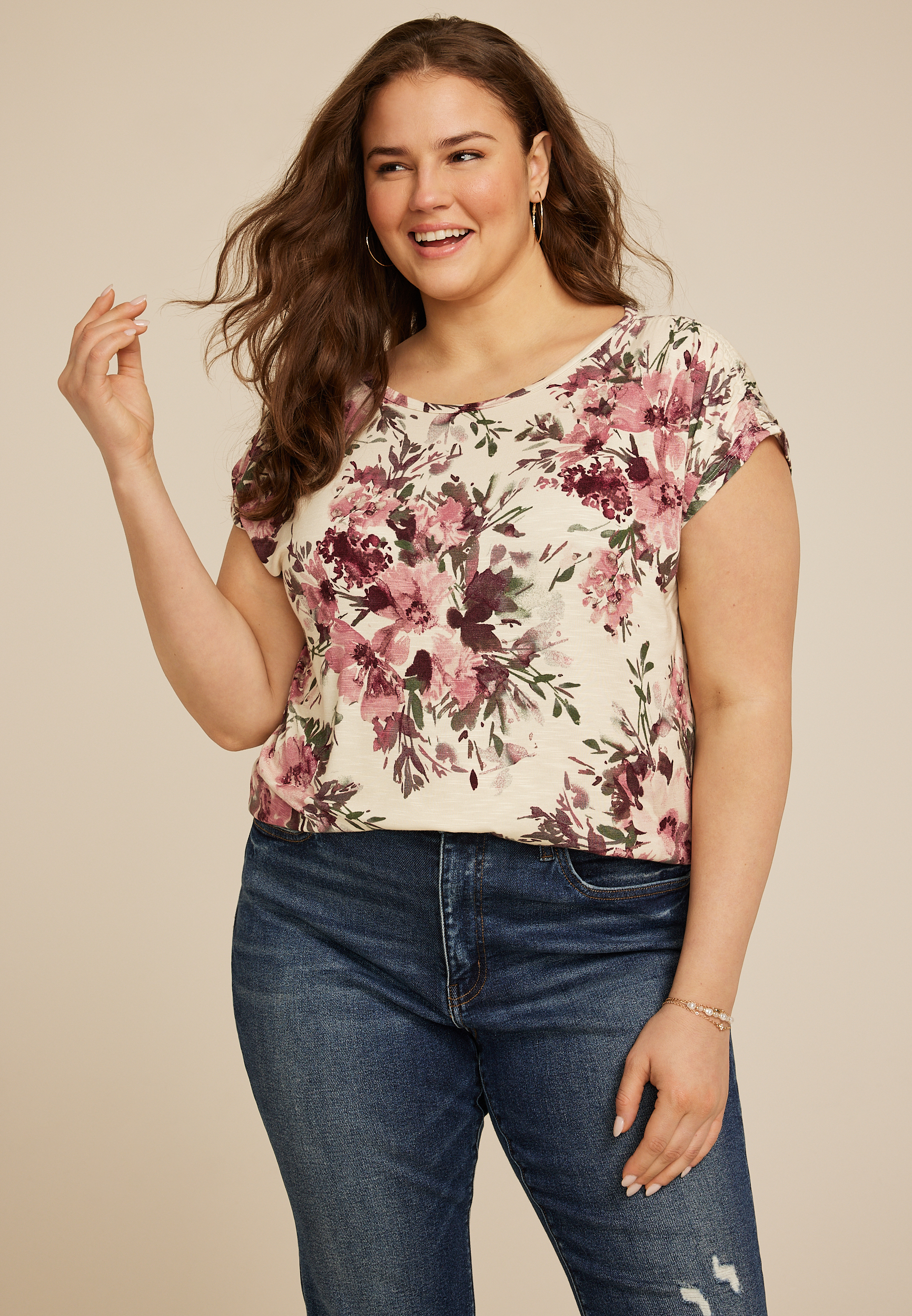 Plus Size 24/7 Fairhaven Floral Ruched Shoulder Tee