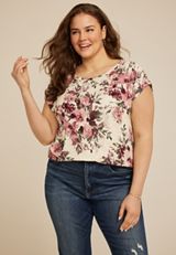 Plus Size 24/7 Fairhaven Floral Ruched Shoulder Tee, , small