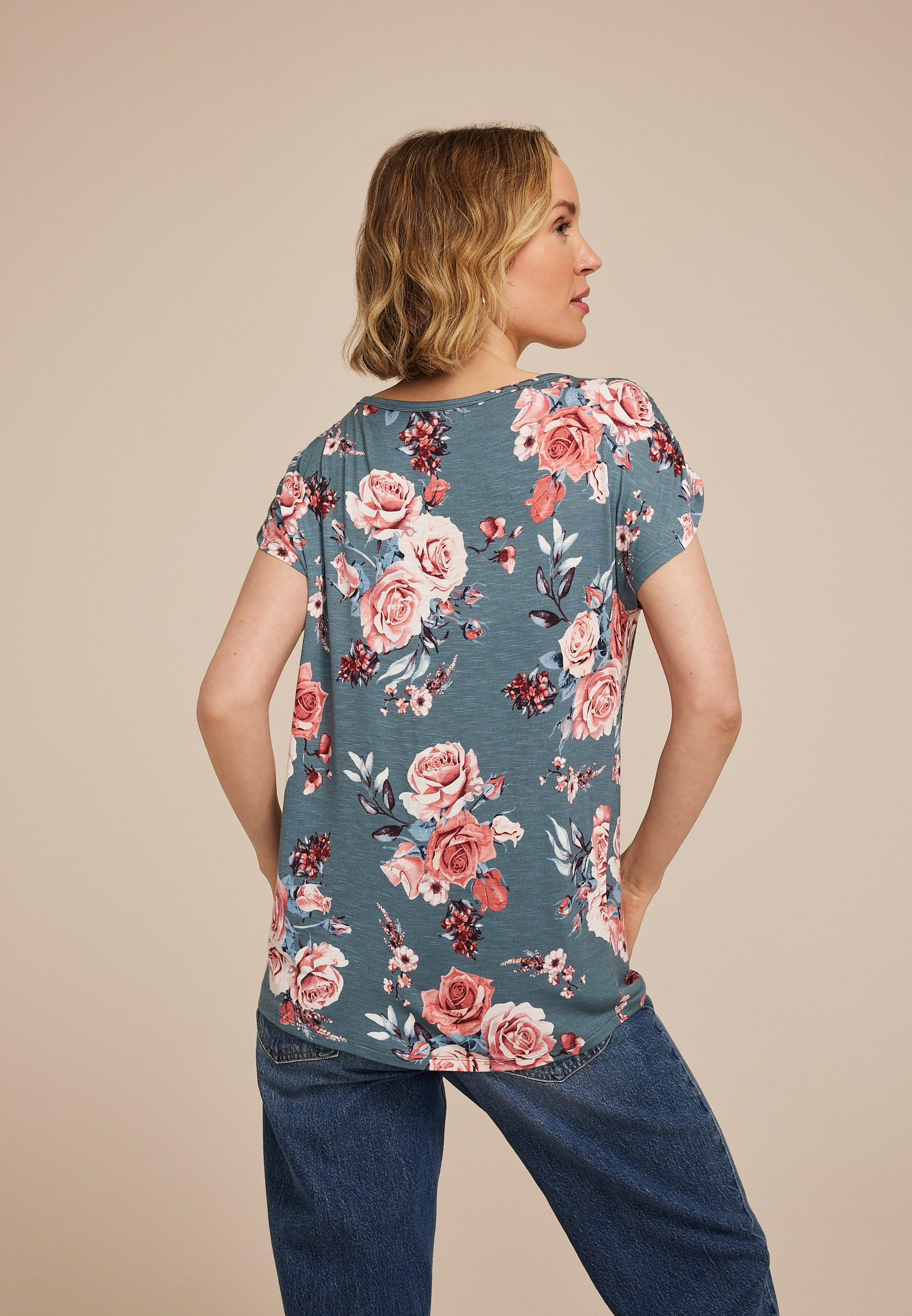 24/7 Fairhaven Floral Ruched Shoulder Tee, C9875, large