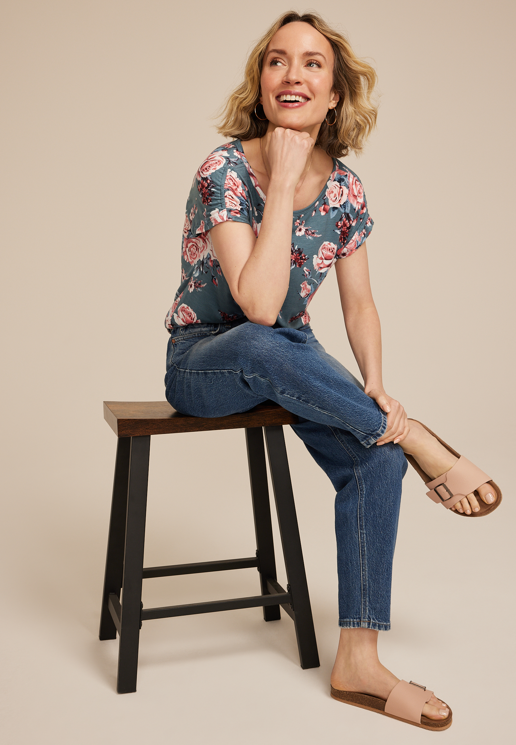 24/7 Fairhaven Floral Ruched Shoulder Tee, C9875, large