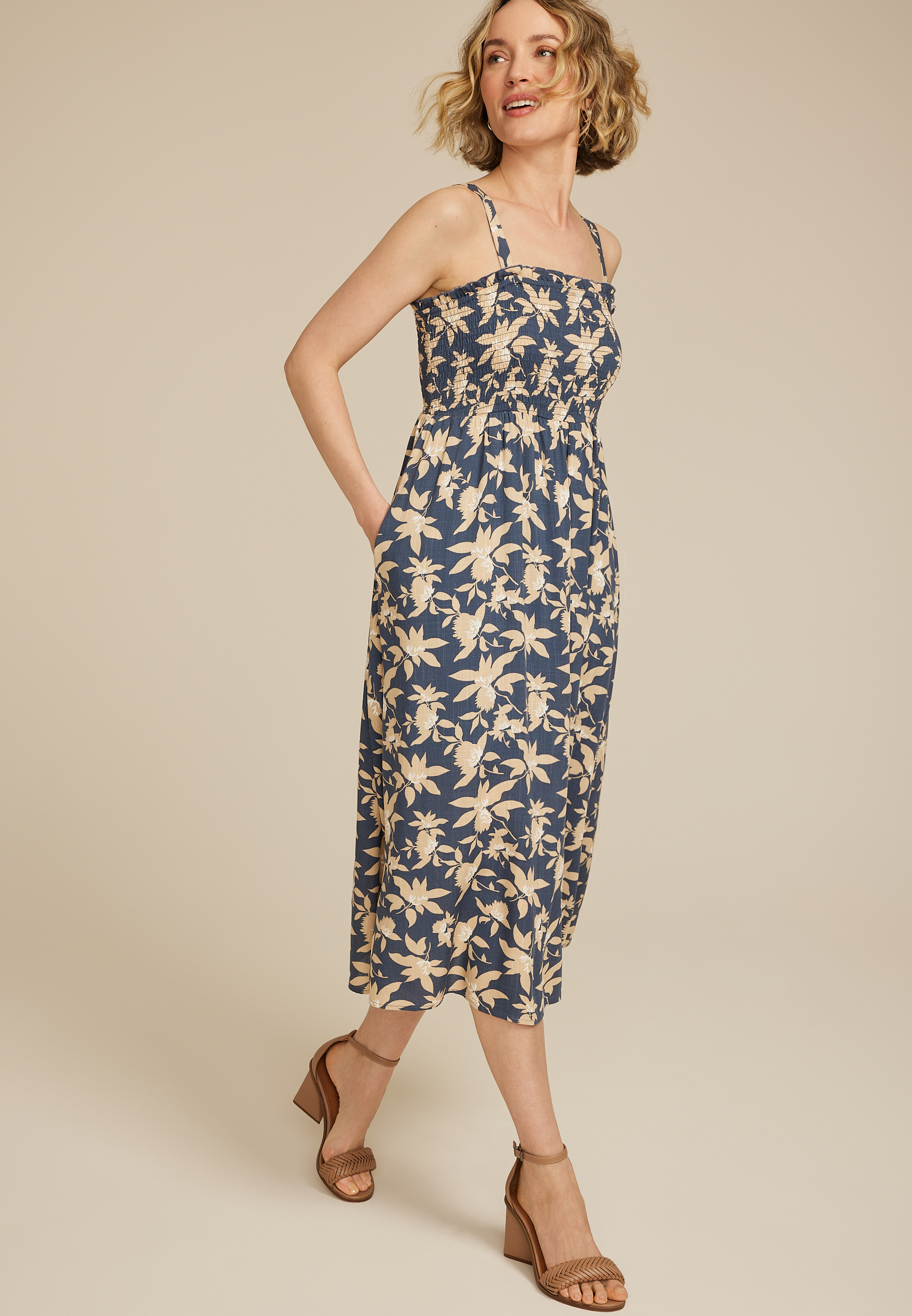 Bare Printed Smocked Midi Dress