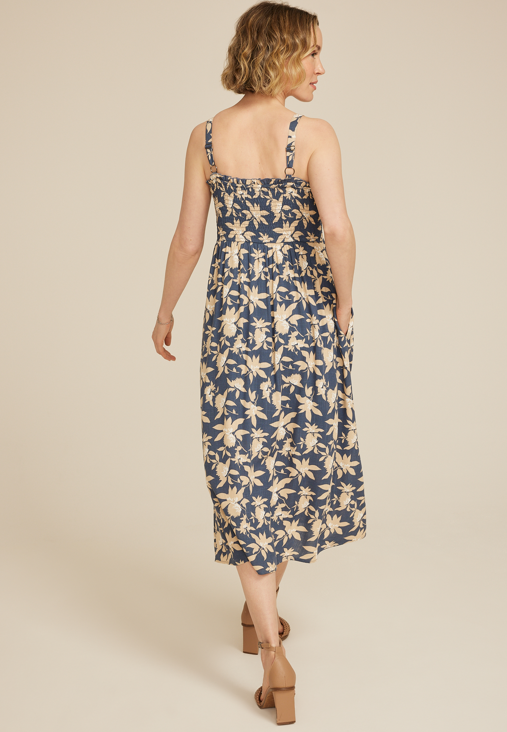 Bare Printed Smocked Midi Dress, C3123, large