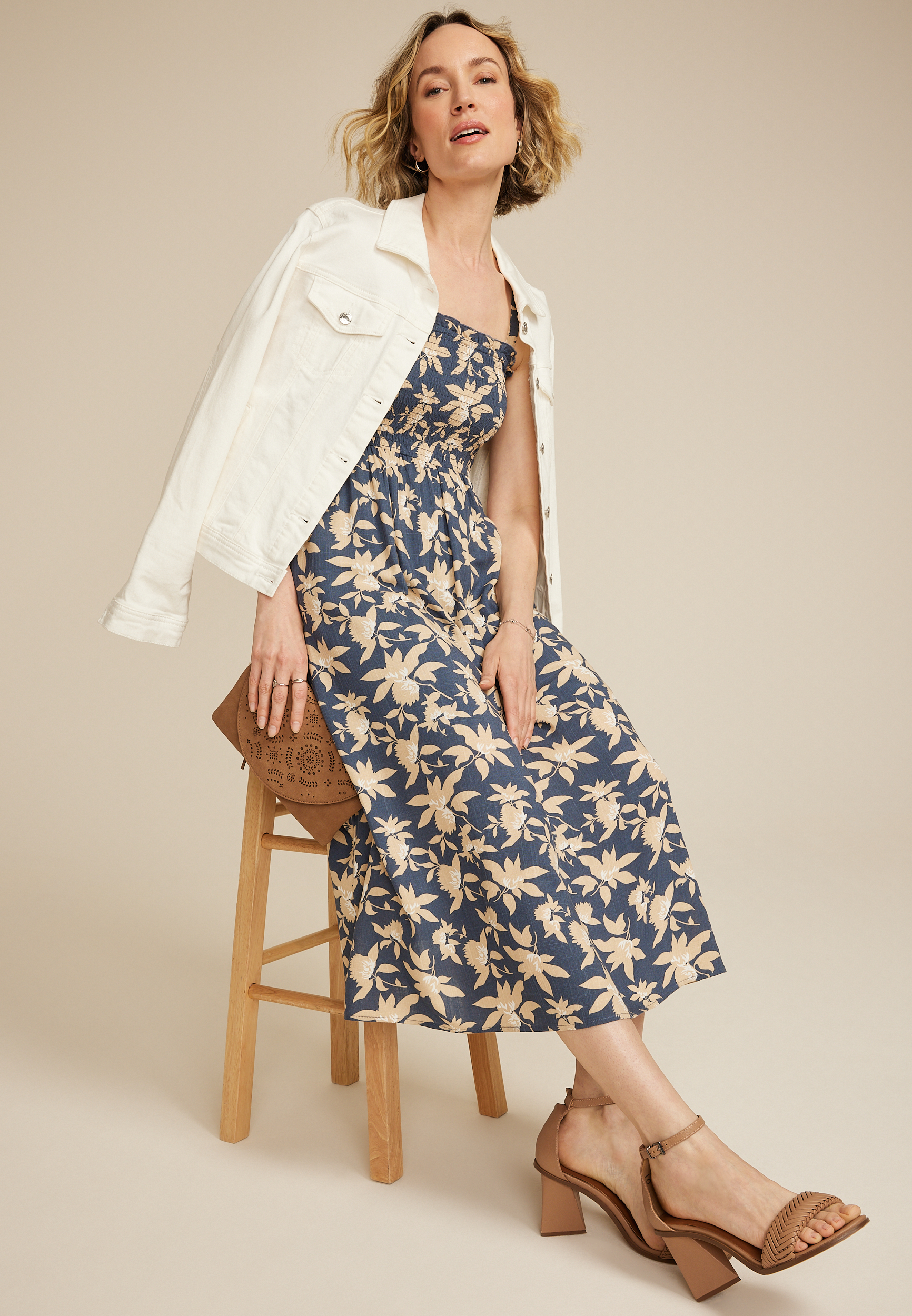 Bare Printed Smocked Midi Dress, C3123, large